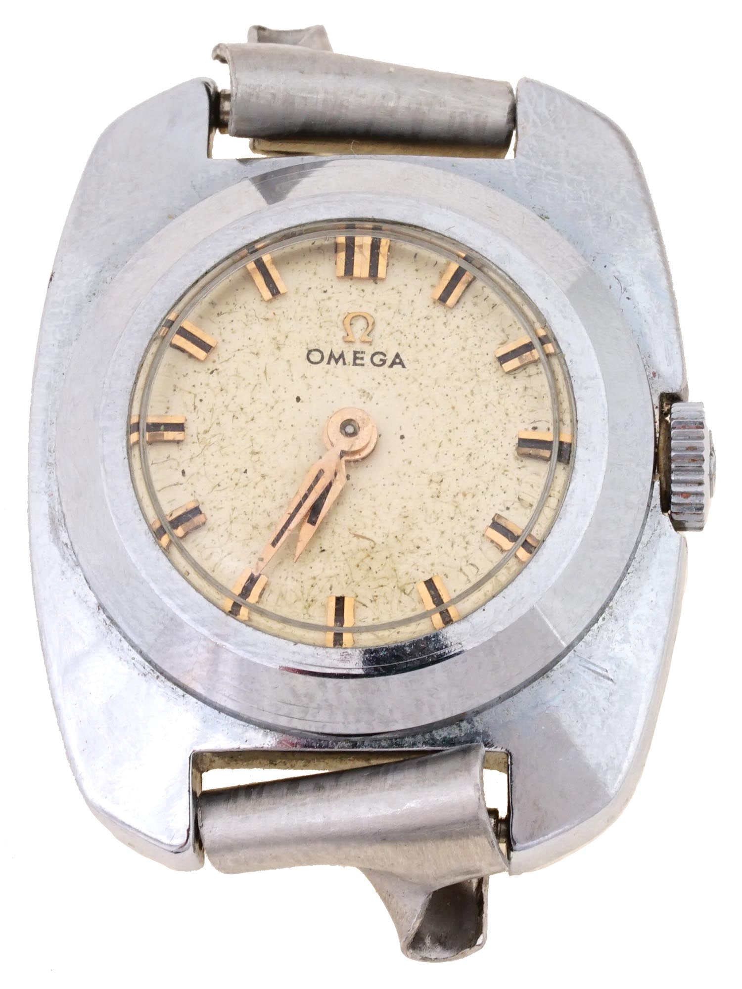 VINTAGE OMEGA WRIST GILT STAINLESS STEEL WATCH CASE: A vintage stainless steel wristwatch case by Omega. Rounded rectangular case with single crown. Gilt round dial with baton indexes, marked Omega. Collectible Clocks And Watches, Watch Parts. Dimension