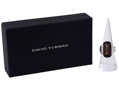 DAVID YURMAN ST SILVER DIAMONDS SMOKY TOPAZ RING: A David Yurman sterling jewelry ring. The ring is set with a large smoky topaz stone to the center surrounded by diamonds on the sides. The silver part is adorned with an embossed swirl design. Marked