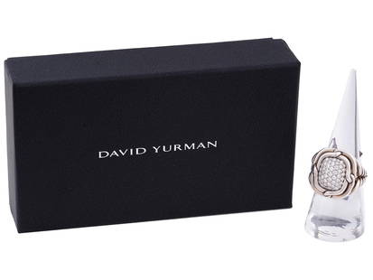 DAVID YURMAN LABYRINTH DIAMOND RING IN 925 SILVER: An impressive David Yurman Labyrinth ring made of solid sterling silver and set with 1 CTW white diamonds. The silver part is decorated with an embossed swirl design. Marked with a 925 silver standard
