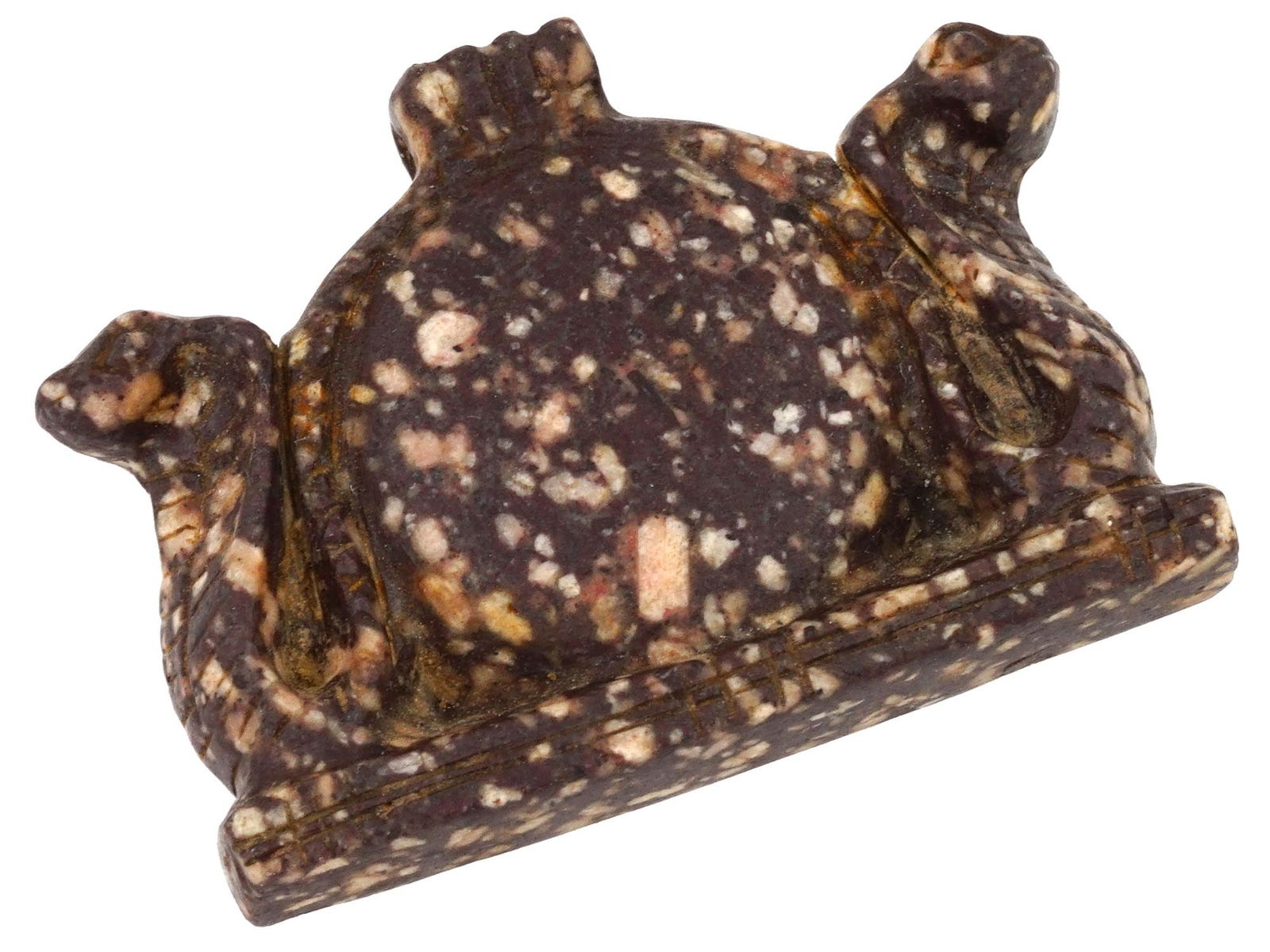 ANCIENT EGYPTIAN PTOLEMAIC CARVED GRANITE AMULET: An ancient Egyptian Ptolemaic period carved granite amulet, elegantly adorned with the sinuous forms of snakes. Dating back to 200 BC, this artifact is a testament to the artistry and craftsmanship of