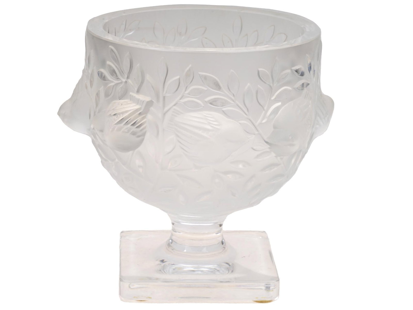 LALIQUE CRYSTAL FROSTED GLASS SERVING BOWL WITH BIRDS: An early to mid-20th century French clear frosted glass serving bowl by Lalique, a French homeware, jewelry, and perfume manufacture established in 1885. A footed bowl with high relief leaf and bird d