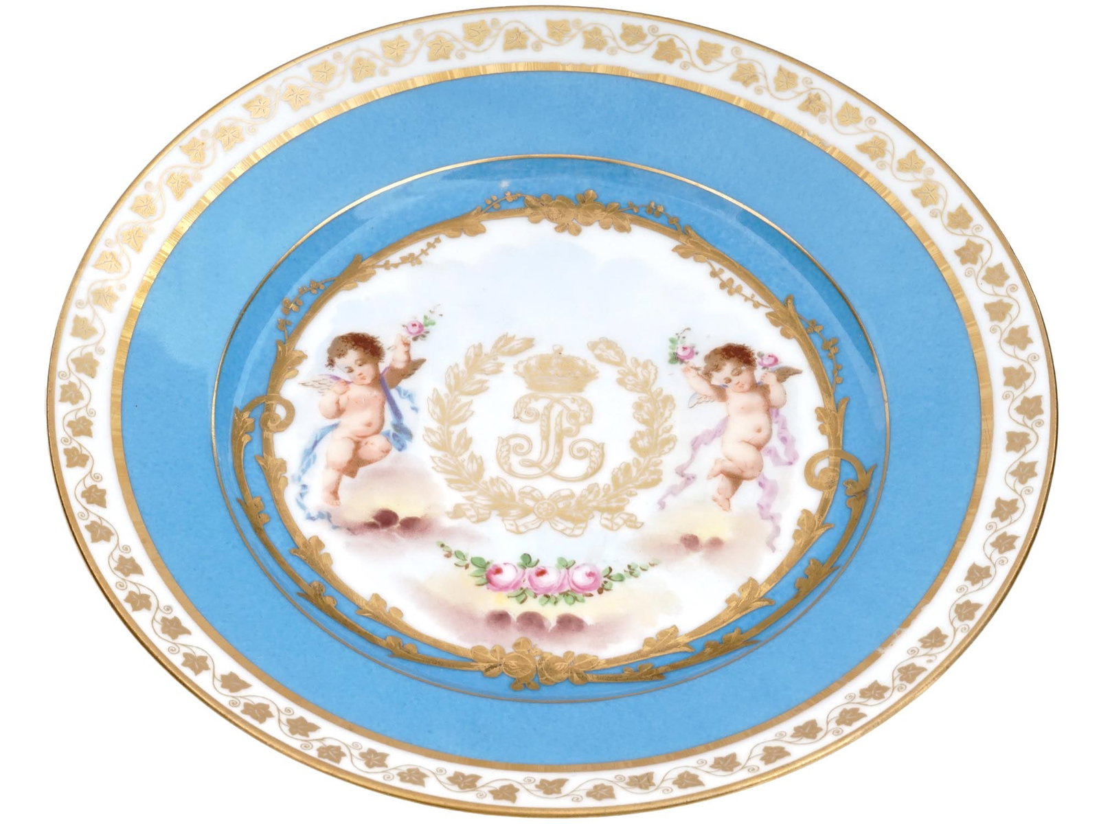 ANTIQUE FRENCH SEVRES LOUIS PHILIPPE PORCELAIN PLATE: An antique mid-19th century French porcelain dessert plate by Sevres, a prominent French fine porcelain manufacture. White round plate with turquoise-blue ground border, gilt rims in grape leaf patter