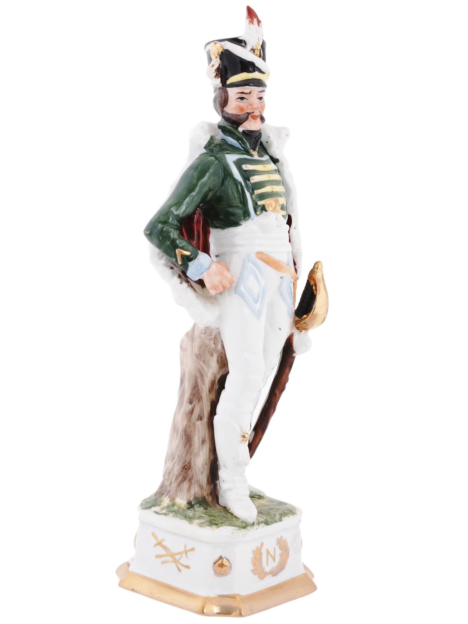 PORCELAIN CAPODIMONTE DI PIETRO NAPOLEONIC OFFICER: A vintage Italian Capodimonte Di Pietro Napoleonic figurine, featuring an officer elegantly poised on a base adorned with the iconic N encircled by a laurel wreath, symbolizing the Napoleonic era. Thi