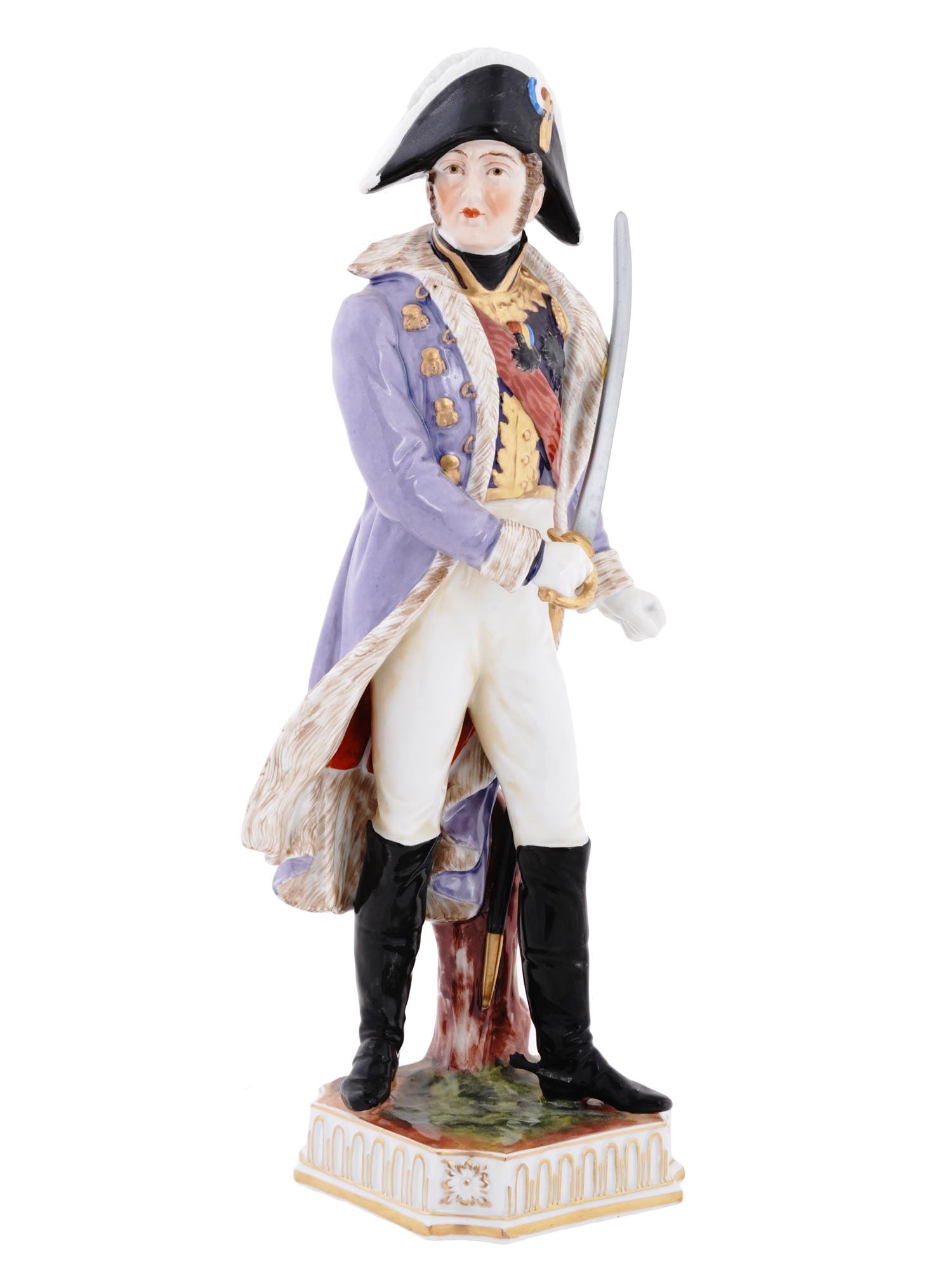 CAPODIMONTE HAND PAINTED PORCELAIN MILITARY FIGURINE: A Capodimonte hand painted porcelain military figurine. The figurine depicts a soldier in uniform holding a saber. The figurine is covered with polychrome enamel and adorned with gilded accents. Mount