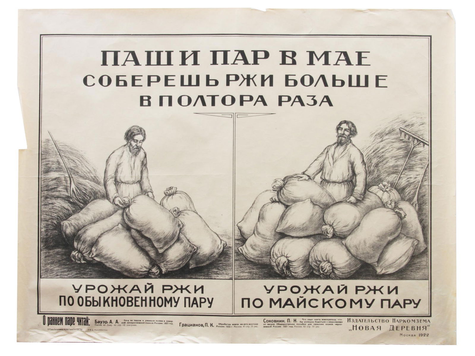 A RUSSIAN SOVIET ORIGINAL PROPAGANDA POSTER 1922: This rare first edition, vintage original poster was printed by Tipo-Litographia publisher. Artist unknown. Moskow. 1922. Dimensions: 28 x 21 1/2 in.