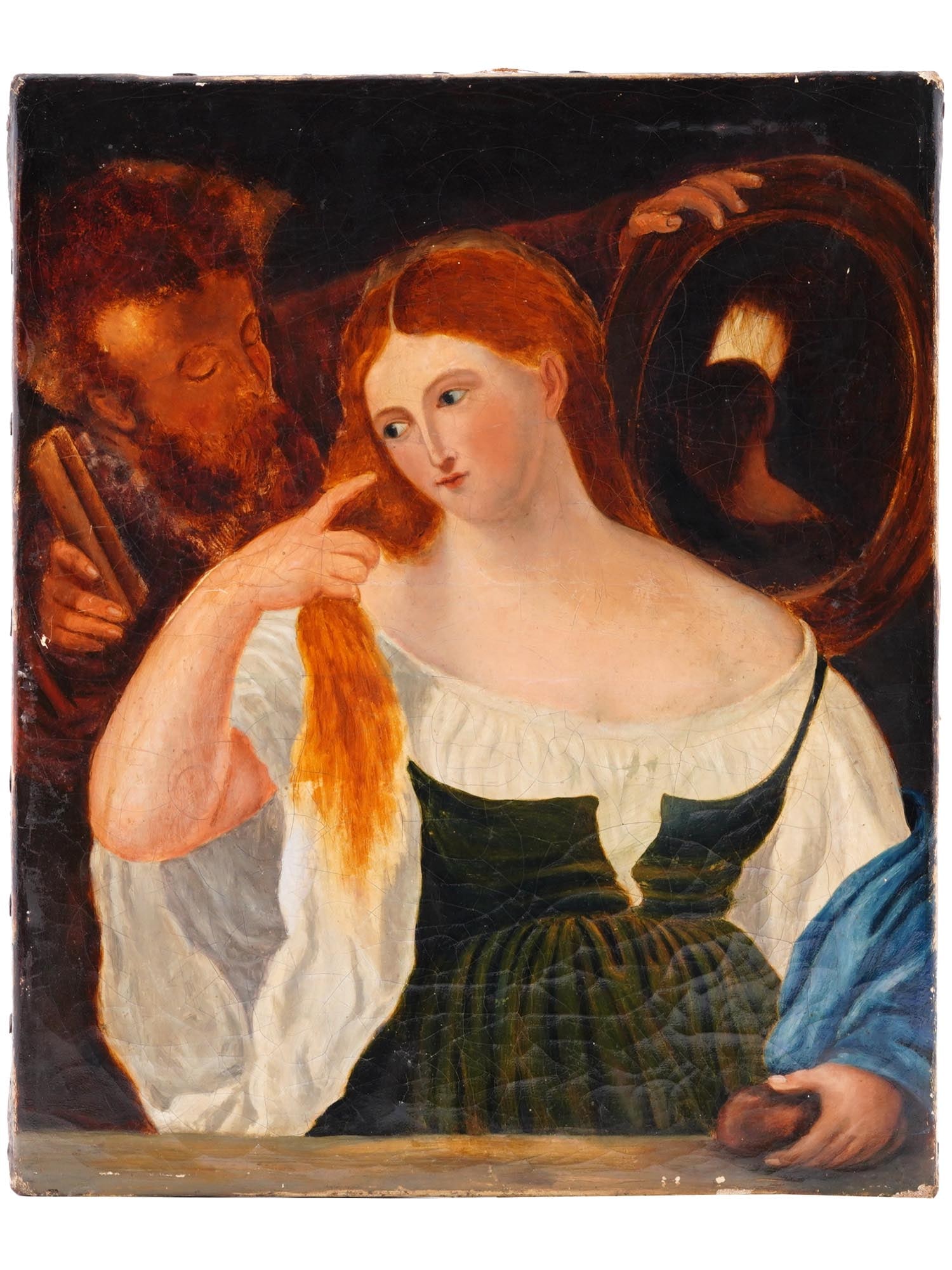 ANTIQUE FEMALE OIL PAINTING AFTER TIZIANO VECELLI: An antique 19th century oil on canvas painting after the original painting Woman with a Mirror by Titian Italian, 1488 to 1588, dated to c. 1515. A woman overlooks a parapet and touches a bottle place
