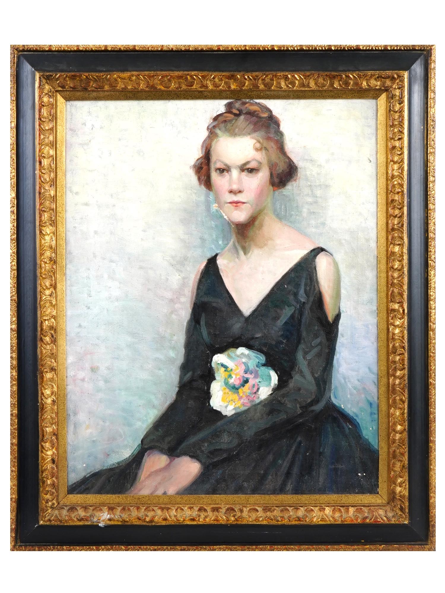 FEMALE PORTRAIT OIL PAINTING BY KALMAN KEMENY: Oil on canvas painting. Early to mid-20th century. The artwork depicts a portrait of young woman in black dress. Impressionist pictorial manner. Inscription on the backside: To Fred Rotebull from Bery