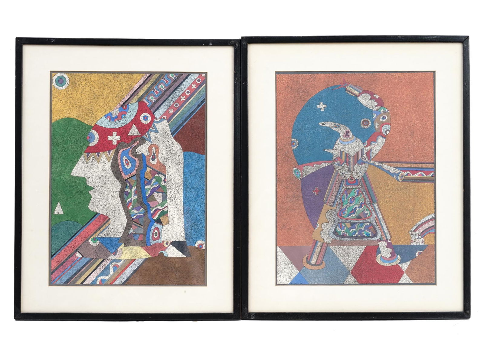 RUSSIAN MIXED MEDIA PAINTINGS BY OLEG LIAGATCHEV: Oleg Alexandrovich Liagatchev, Russian, Soviet Era, born 1939, two mixed media paintings on paper depicting colorful Surreal compositions. The first is signed and dated 1980, lower left. The second is