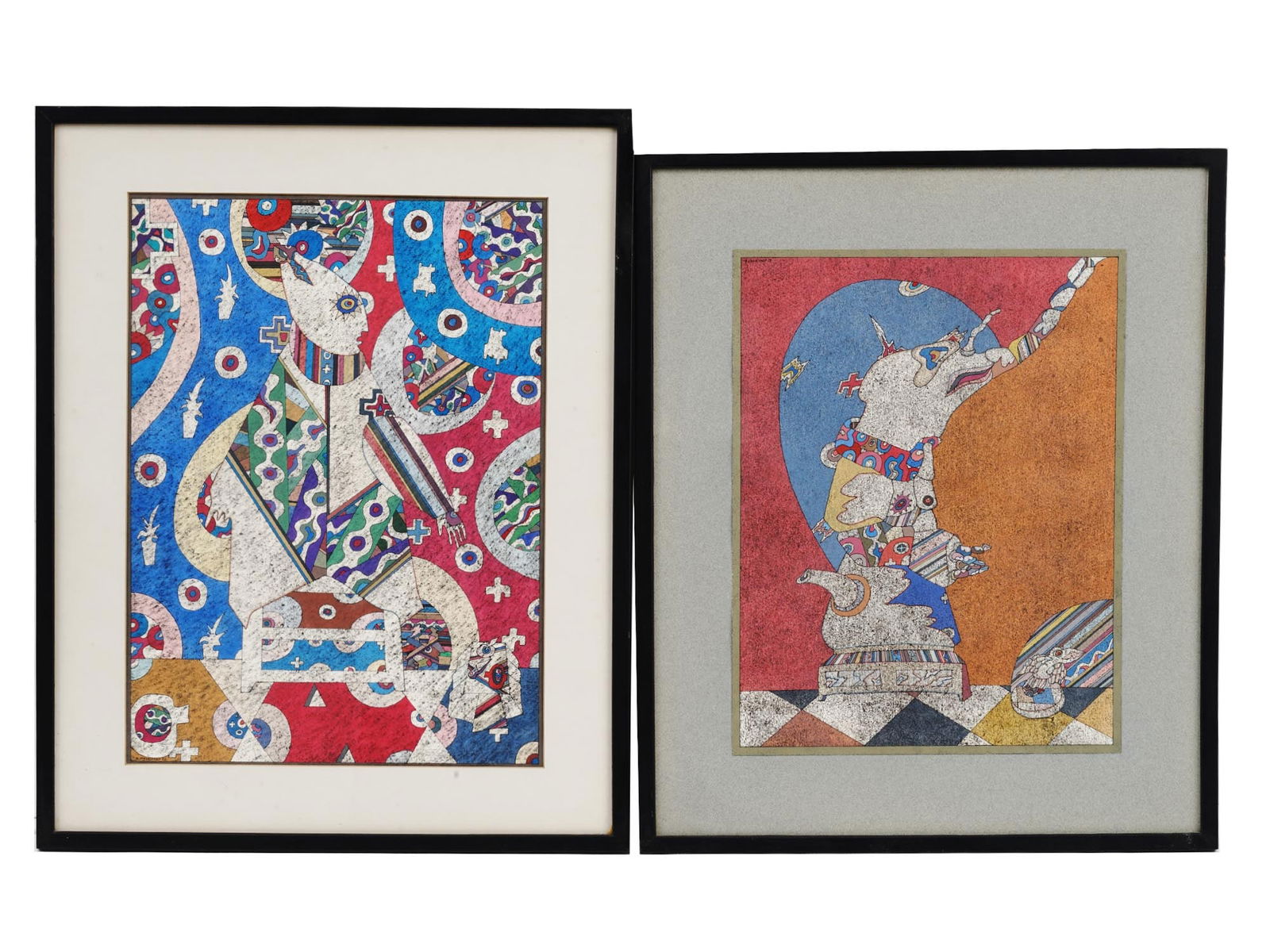 RUSSIAN MIXED MEDIA PAINTINGS BY OLEG LIAGATCHEV: Oleg Alexandrovich Liagatchev, Russian, Soviet Era, born 1939, two mixed media paintings on paper depicting colorful Surreal compositions. The first is signed and dated 1980, lower left. The second is