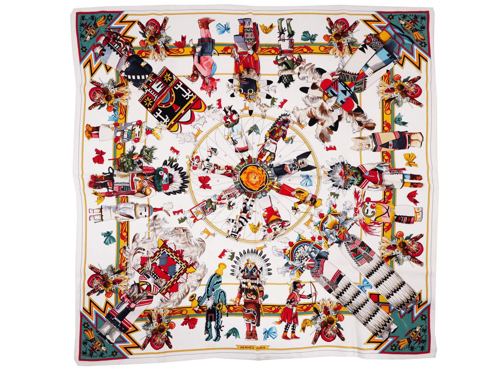 VINTAGE HERMES KACHINAS SILK SCARF BY OLIVER KERMIT: A vintage French Hermes Paris, Kachinas, silk scarf by Kermit Oliver. Kachinas was designed by Kermit Oliver. Kermit Oliver is the first American artist invited to design for Hermes. Kermits art has a