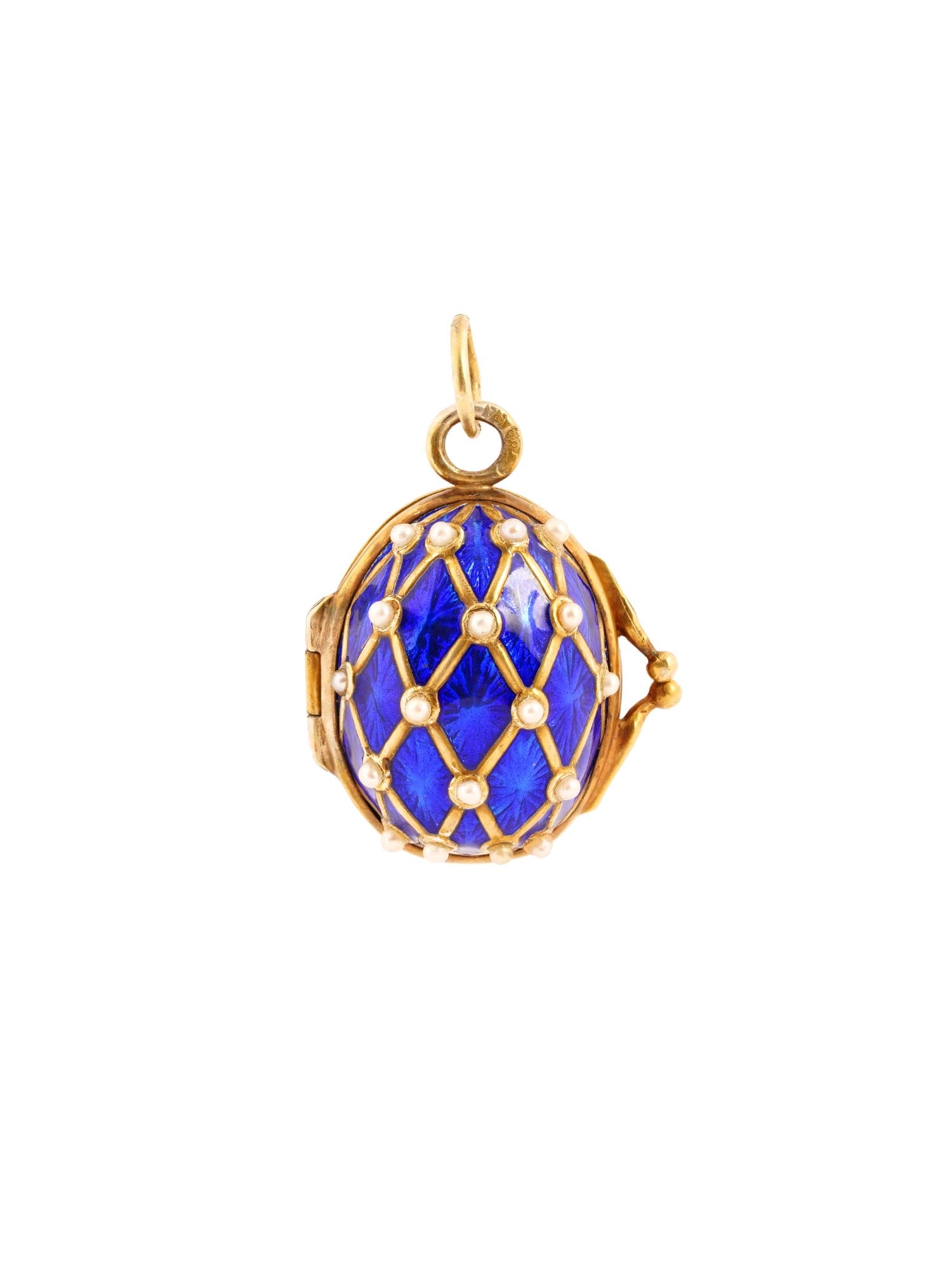 RUSSIAN GILT SILVER ENAMEL PEARL EGG PENDANT: A Russian gilt silver egg pendant with hinged lid. Cobalt blue enamel grid decor embellished with pearls. Hallmark of 88 silver standard and makers mark are on the fitting ring. Total Weight: 20 grams