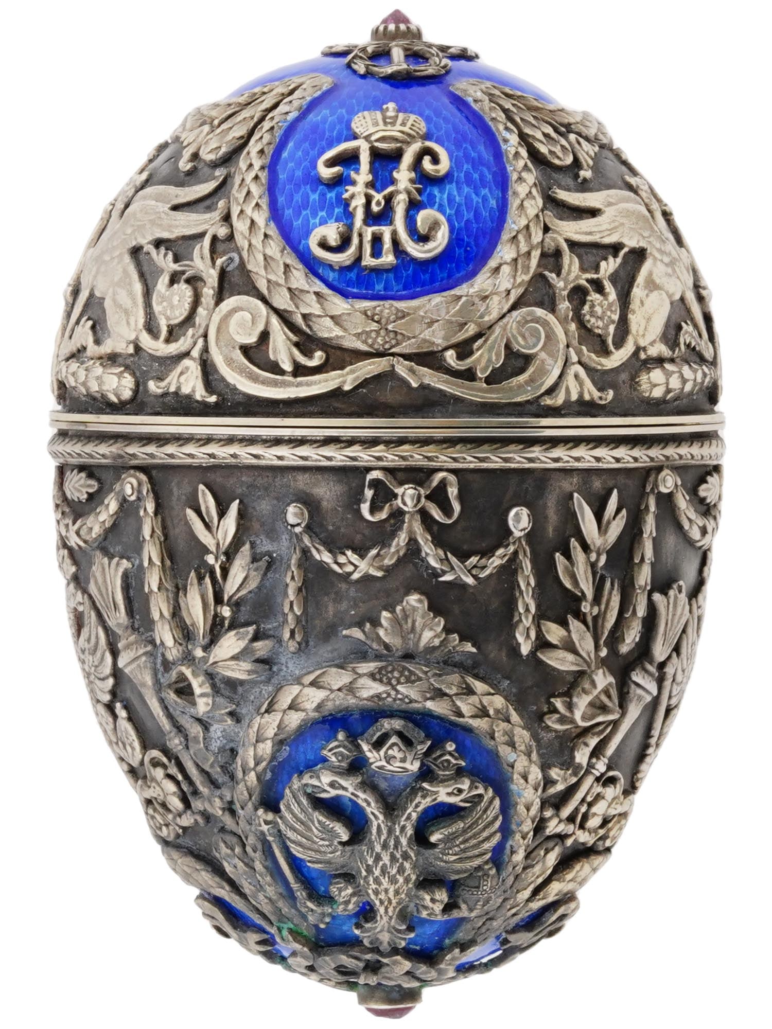 RUSSIAN NICHOLAS II 88 SILVER ENAMEL GEMSTONE EGG CASE (1 of 6)