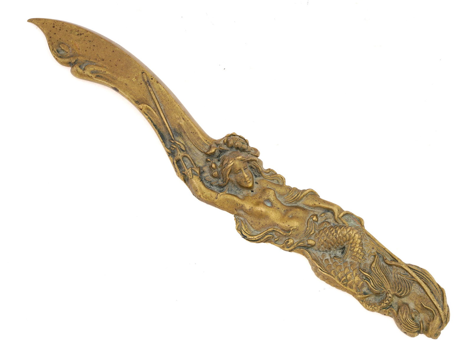 ART NOUVEAU BRONZE LETTER OPENER AFTER UNGER BROS: An elegant vintage Art Nouveau cast bronze letter opener modeled after an Unger Brothers mermaid design featuring curved blade and a handle decorated with an embossed image of a long-haired mermaid br