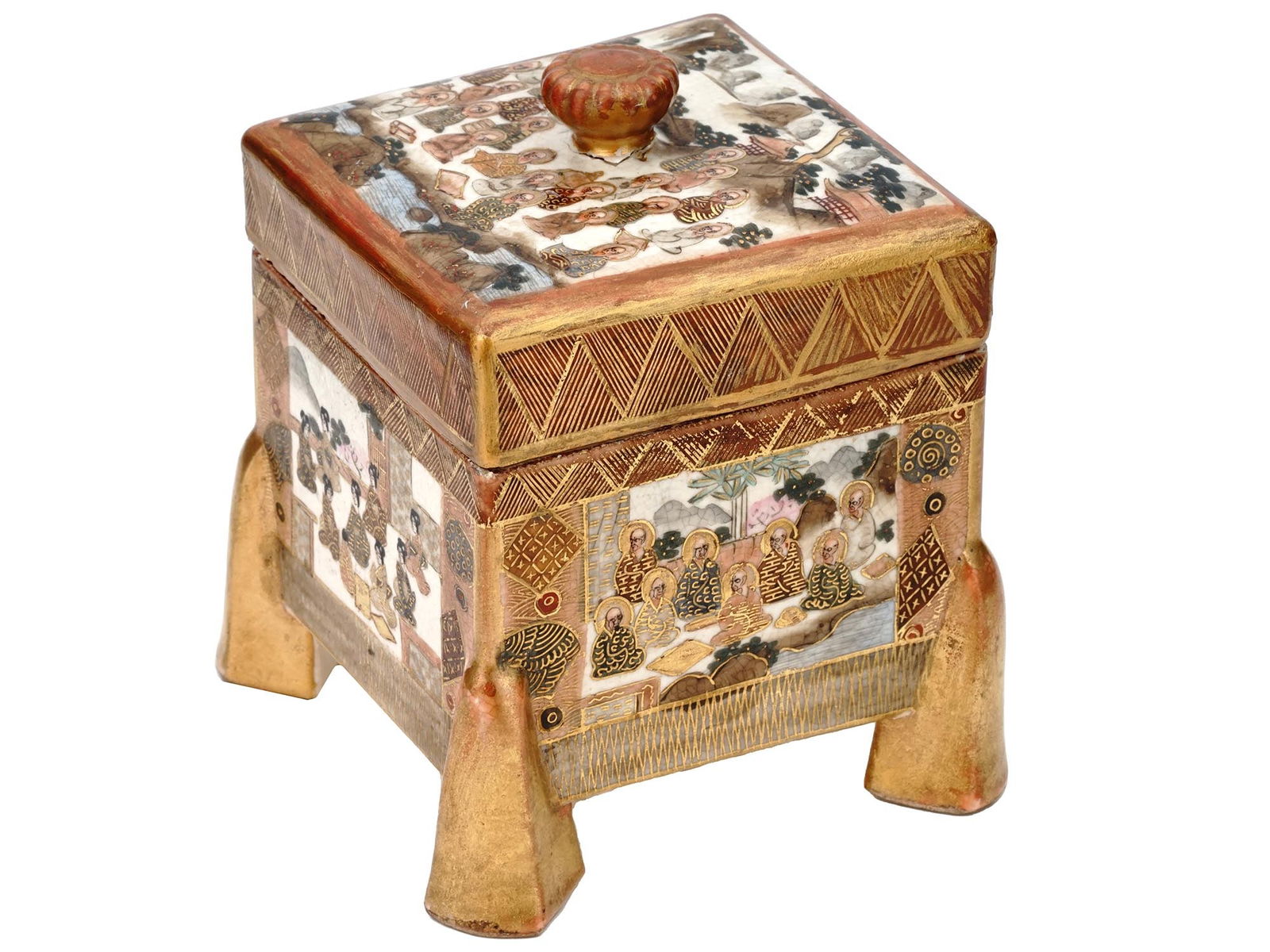 ANTIQUE JAPANESE SATSUMA FOOTED TEA CADDY BOX SEALED (1 of 11)