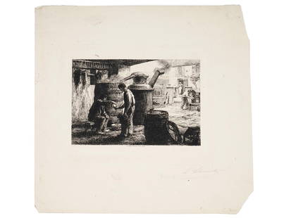 ANTIQUE FRENCH ETCHING BY LEON AUGUSTIN LHERMITTE: Leon Augustin Lhermitte, French, 1844 to 1925, etching on paper, The Distillery; The Brandy Tasters by Marc or L Alembic, after the charcoal painting on paper. Circa: 1872. Signed in pencil lower righ