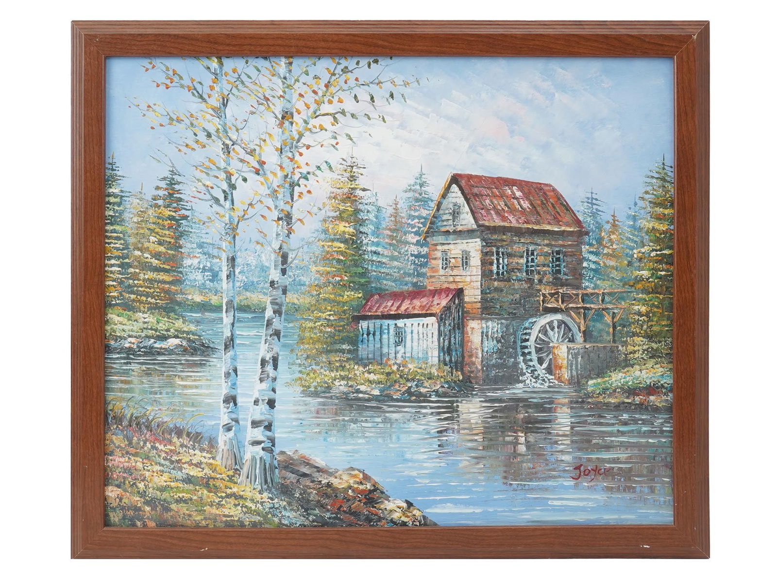 LANDSCAPE OIL PAINTING MILL ON RIVER SIGNED JOYCE (1 of 5)