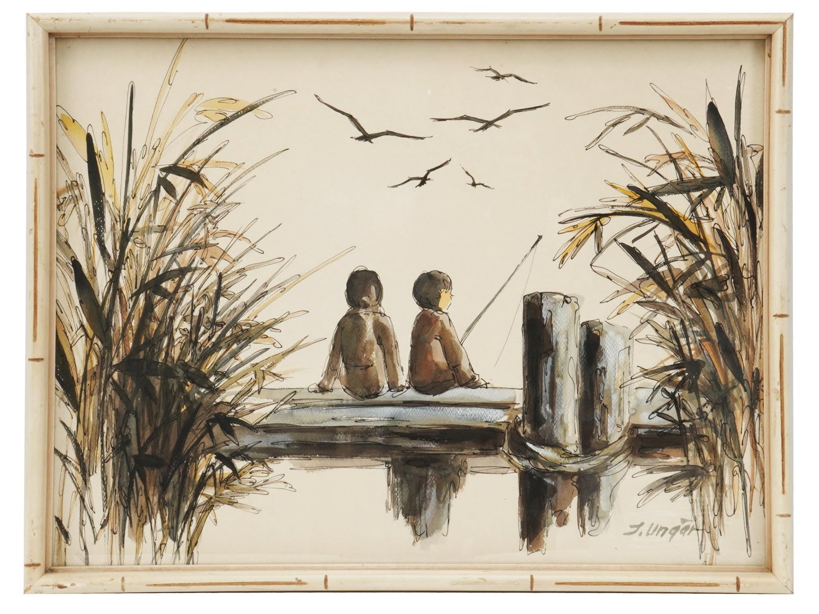 ATTR TO JOSEPH UNGARI INK AND WATERCOLOR PAINTING: Attributed to Joseph Ungari, American, 1948 to 2017, mixed media, ink and watercolor, painting on paper depicting a scene with fishing children. Signed lower right. Framed. Joseph Ungari is an America