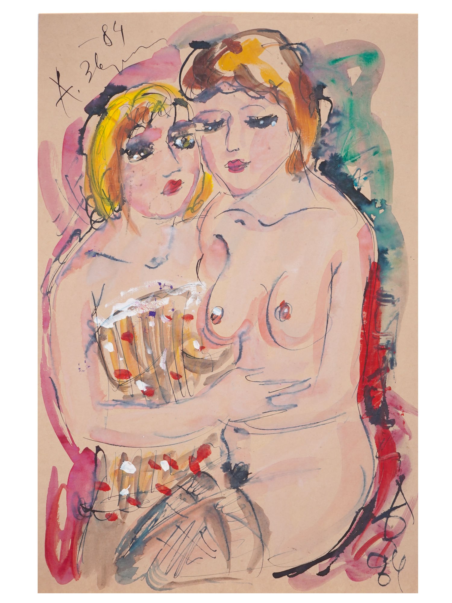 RUSSIAN MIXED MEDIA PAINTING BY ANATOLY ZVEREV: Mixed media painting, by Anatoly Zverev, 1931 to 1986, a Russian Nonconformist artist. Oil paint and pastel on paper. The artwork represents a portrait of two nude women. Signed by the artist and date