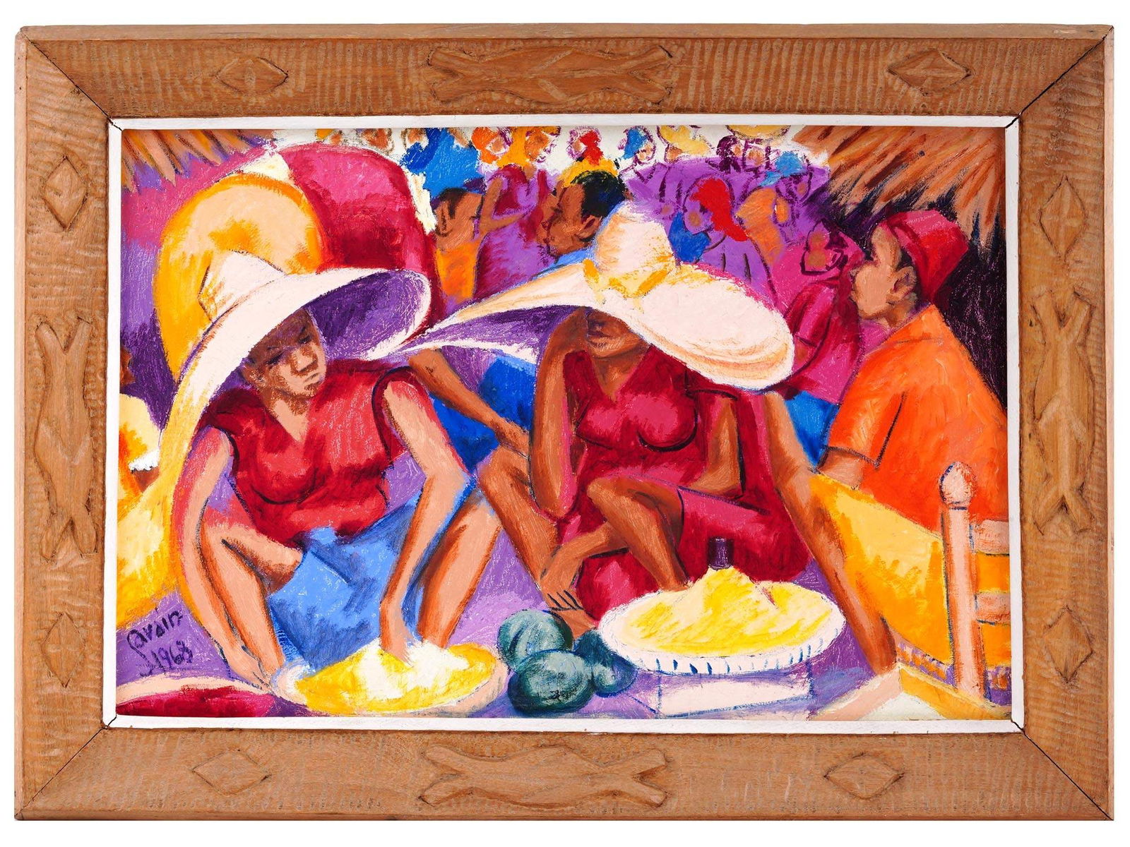 1968 HAITIAN PAINTING MARKET VENDORS BY PETION SAVAIN: Petion Savain, Haitian, 1906 to 1975, oil painting on canvas. Savains deep connection to his homeland shines through in this masterful depiction of female vendors at the market. The scene, dating back