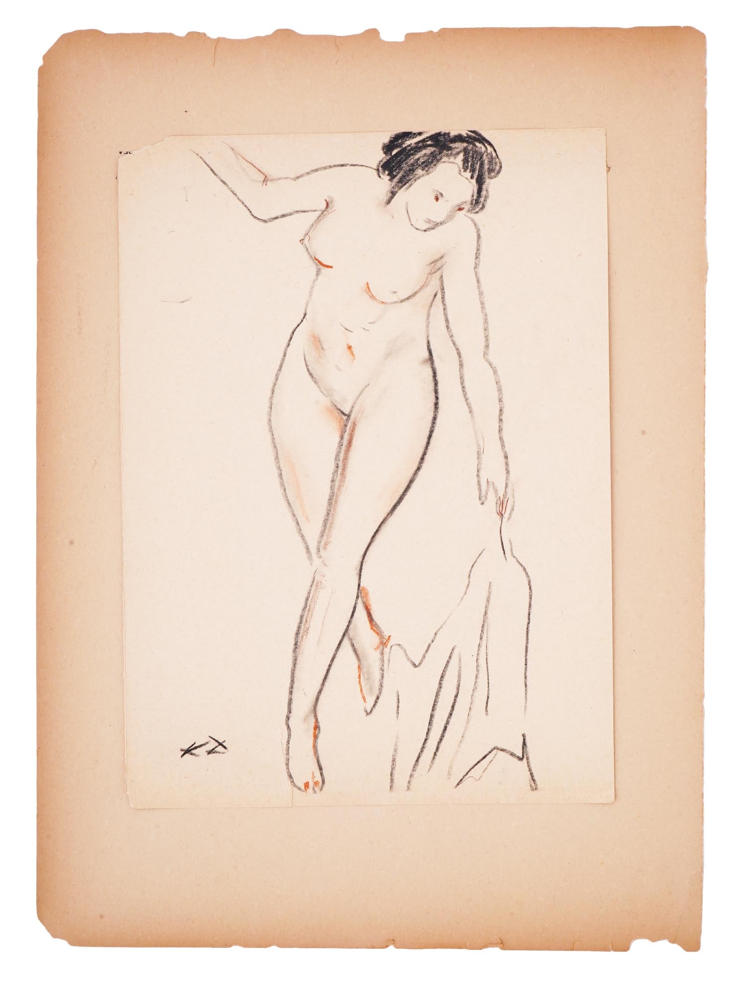RUSSIAN MIXED MEDIA PAINTING BY KONSTANTIN DADICHKO: Konstantine Dadichko, a 20th century Russian artist, a sketch, mixed media, charcoal and pencil, painting on paper depicting a portrait of a nude woman. Signed with initials, lower left. Konstantine D