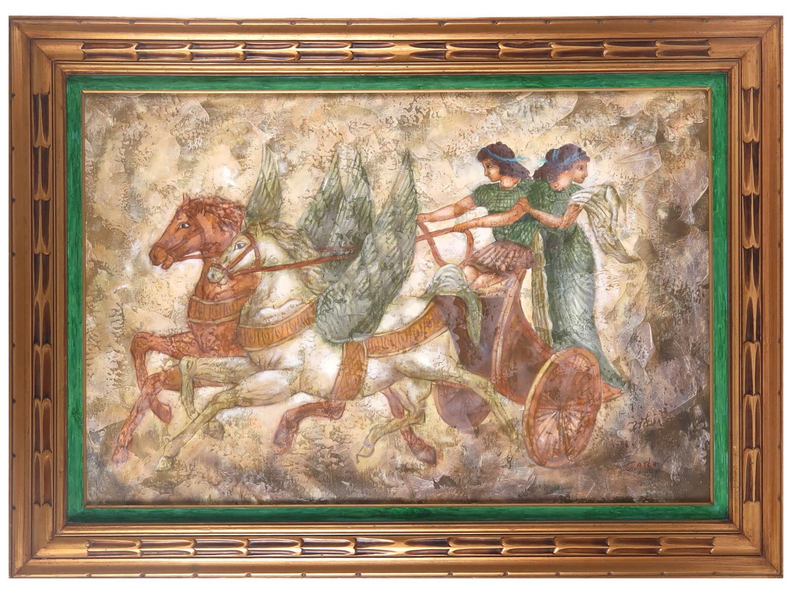 MID CENTURY PAINTING ARES AND APHRODITE BY J. ATLAN: A mid century oil on canvas painting depicting Ares and Aphrodite riding on a chariot. The painting captures the movement and energy of the chariot as it moves through a dramatic landscape. Signed low
