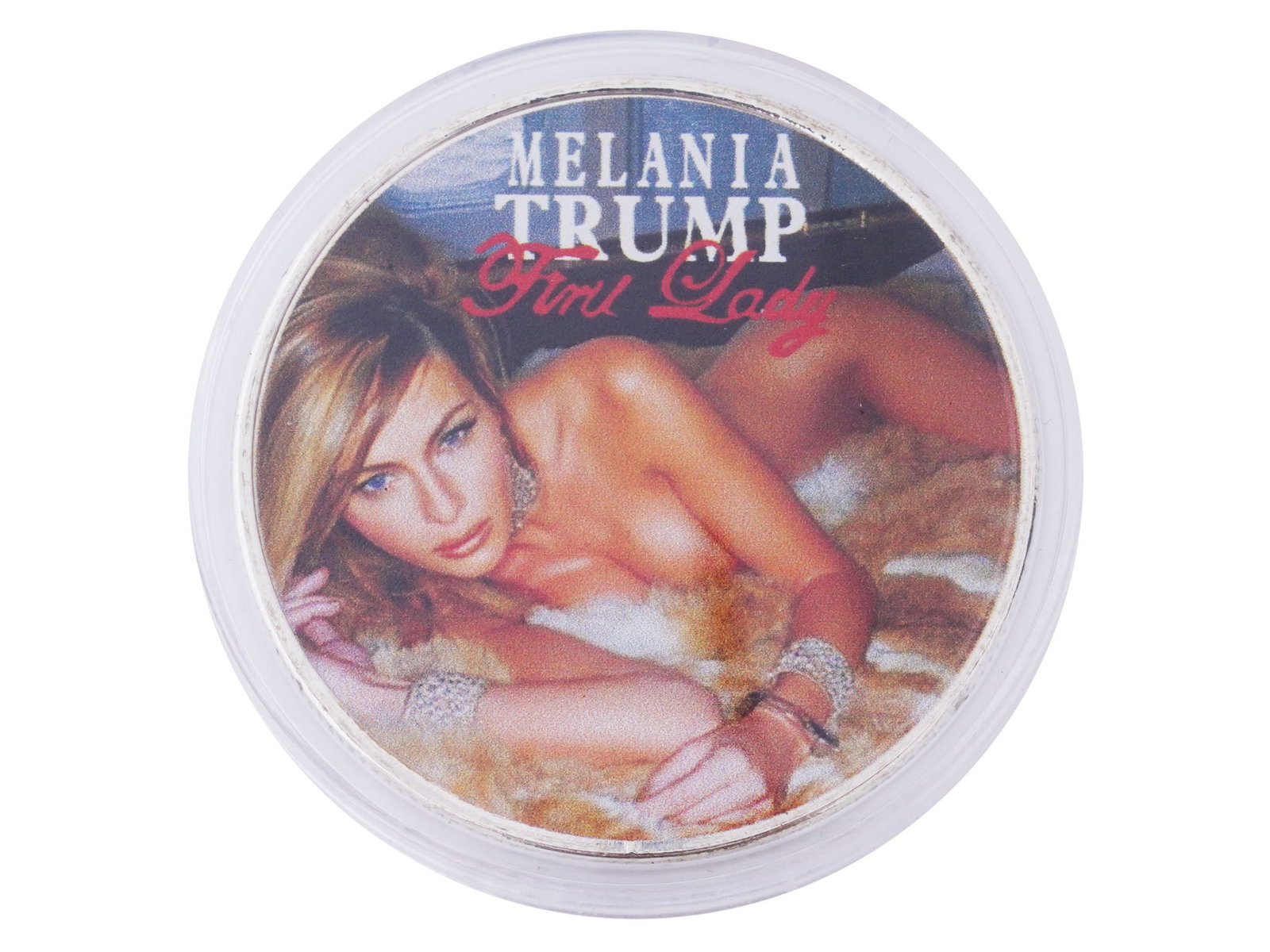 US HALF DOLLAR GIFT COIN WITH MELANIA TRUMP: A US Half Dollar gift coin. The obverse feature a nude photograph of the First Lady Melania Trump, wife of 45th President Donald Trump. Bald Eagle on the reverse. The item comes in a plastic protectio