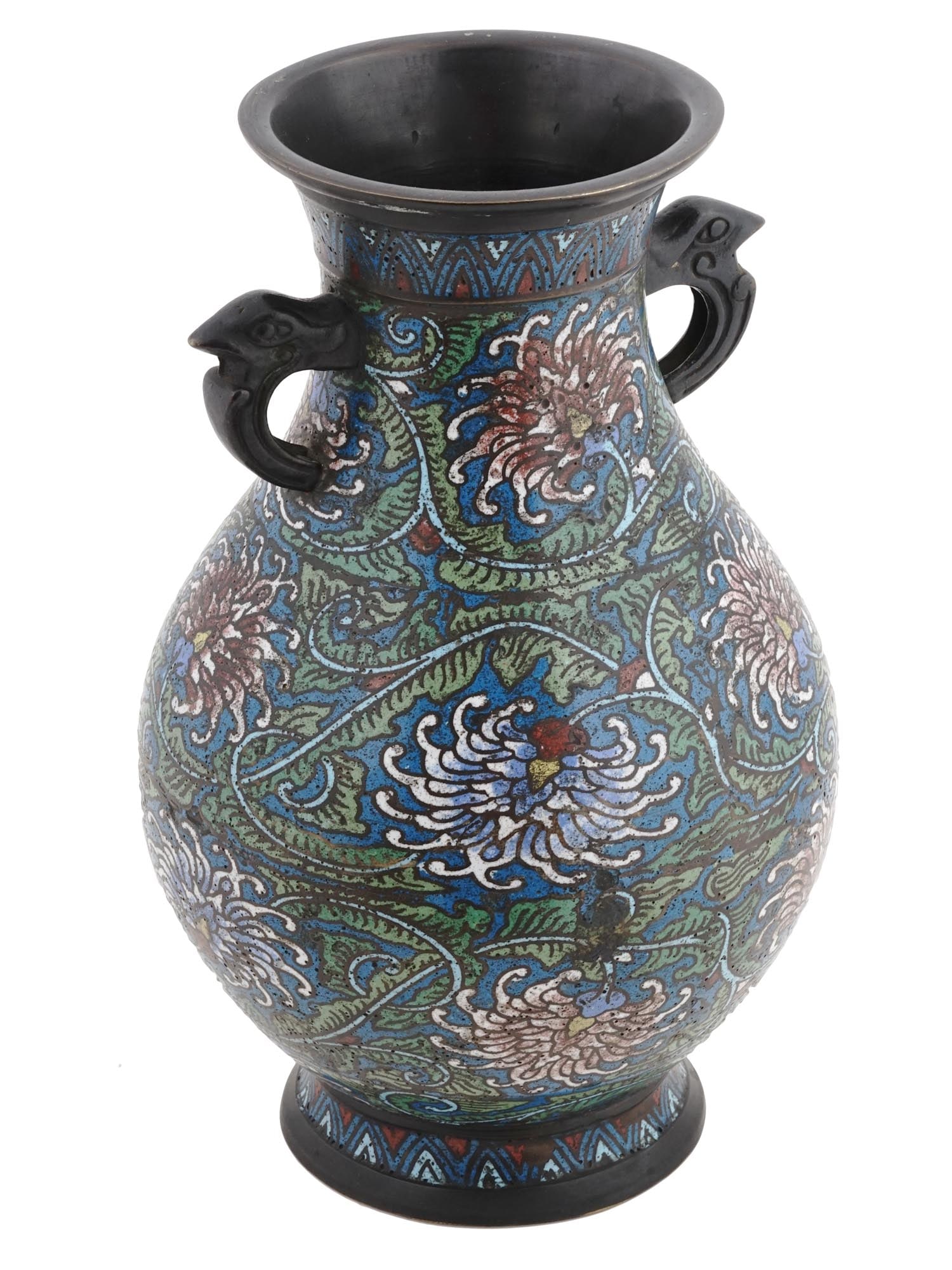 ANTIQUE JAPANESE MEIJI CLOISONNE ENAMEL BRONZE VASE: An antique Japanese late Meiji Era enamel over bronze vase. The amphora shaped vase is enameled with polychrome images of chrysanthemum flowers made in the Cloisonne technique. The neck and the base a