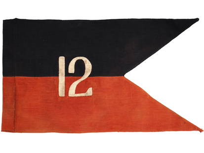 RUSSIAN CIVIL WAR ERA KORNILOV REGIMENT FLAG BANNER: A rare Russian Civil War era Kuban Kornilov Regiment banner flag. The flag is made of two colors red and black fabric, and adorned with an image of a scull and number 12. The Kornilov regiment is one