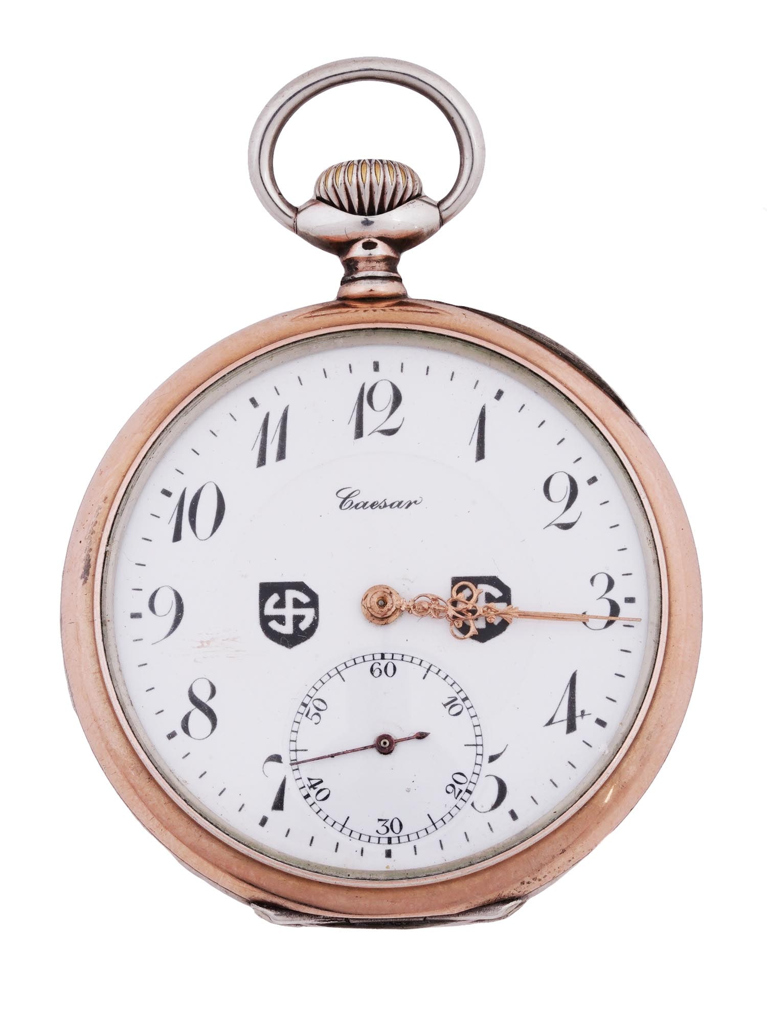 CAESAR NAZI GERMAN 800 GILT SILVER POCKET WATCH: A WWII Nazi German pocket watch featuring a gilt silver case, the white dial with black Arab numerals is marked, Caesar, and features swastika emblems. Engraved on the backside: Panzerdivision SS Wiki