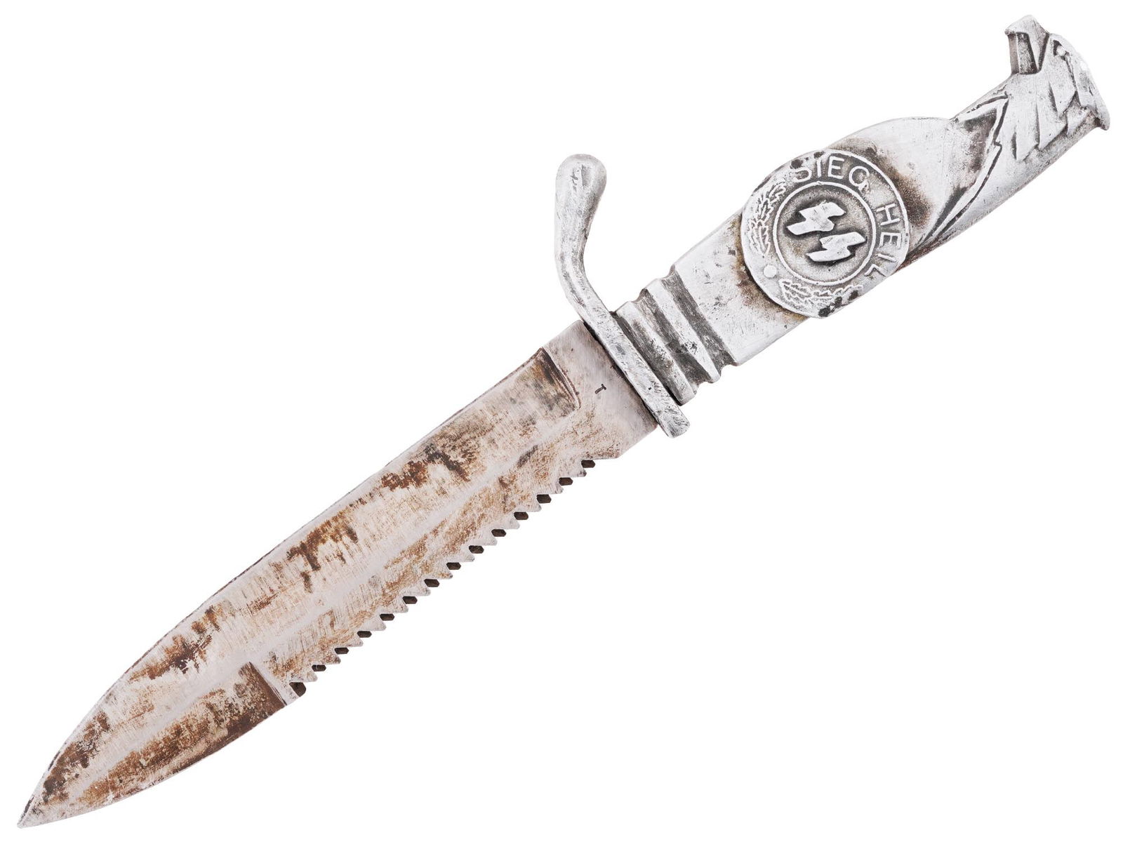 WWII NAZI GERMAN THIRD REICH SS BAYONET KNIFE: A WWII Nazi German bayonet knife, the pommel is modeled as an eagles head. The handle features a round relief emblem inscribed, Sieg Heil, with SS runes to the center. The steel blade with serrated ed