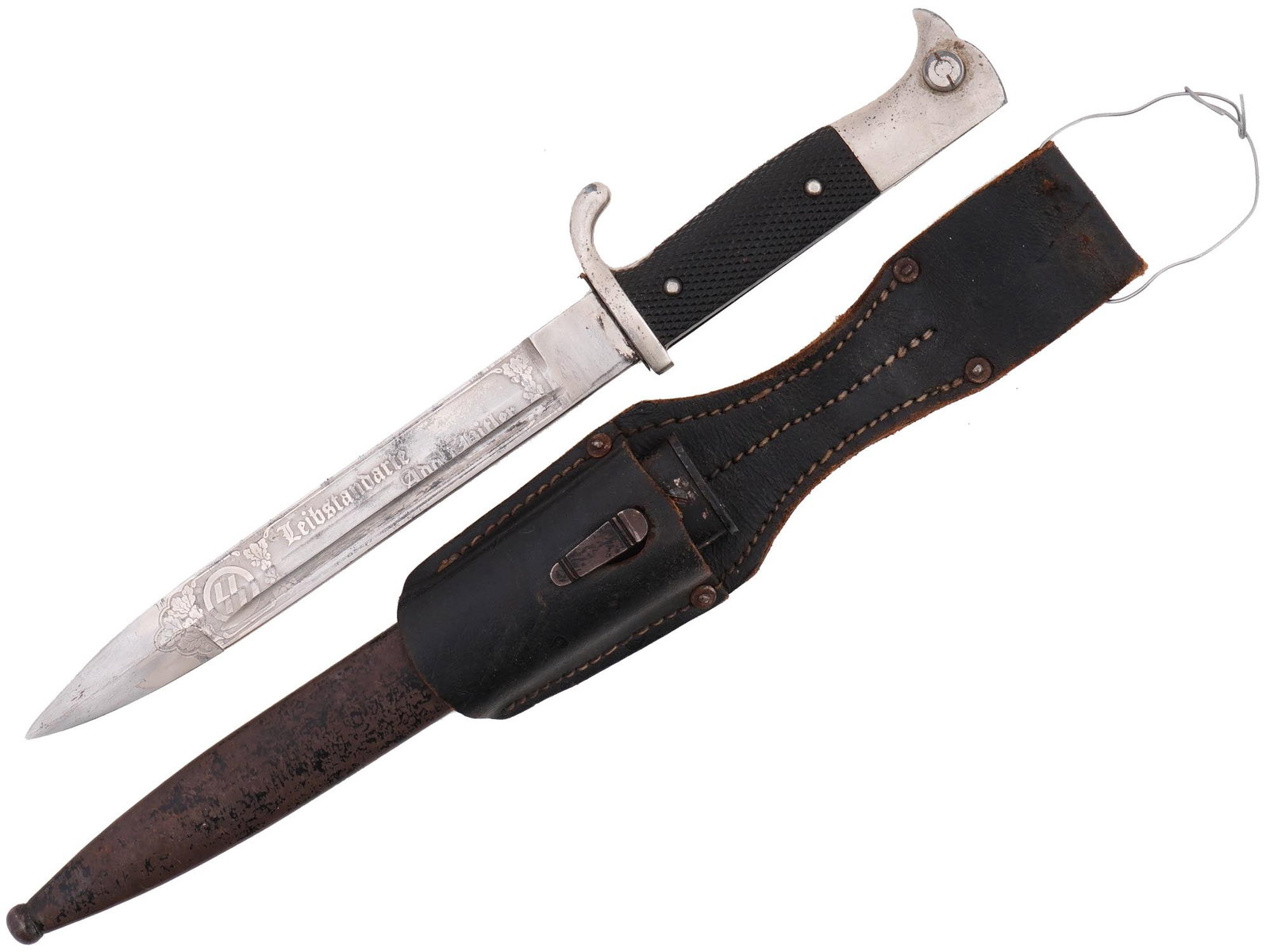 WWII NAZI GERMAN 3RD REICH WAFFEN SS BAYONET DAGGER: A WWII Nazi German Third Reich Leibstandarte Waffen SS ceremonial bayonet dagger with a black painted steel and leather scabbard. A black bakelite grip, and a stainless steel blade. The handle is made