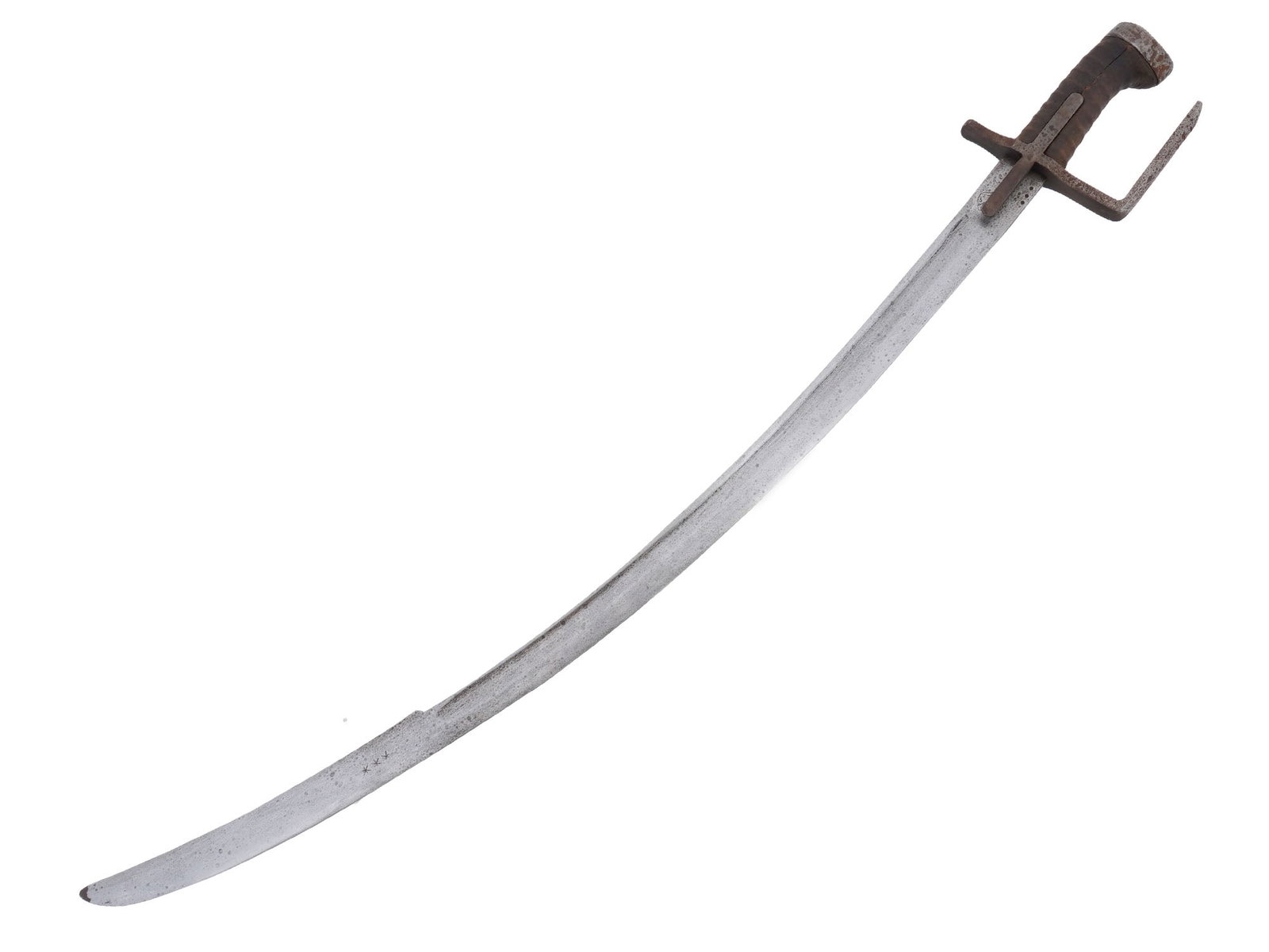 ANTIQUE LATE 19TH C HUNGARIAN-POLISH SABER SWORD: A Polish-Hungarian saber featuring the characteristic hilt of L-guard type, the wooden grip with finger stalls is covered in leather. The robust, shallowly-curved blade with pronounced raised backedge
