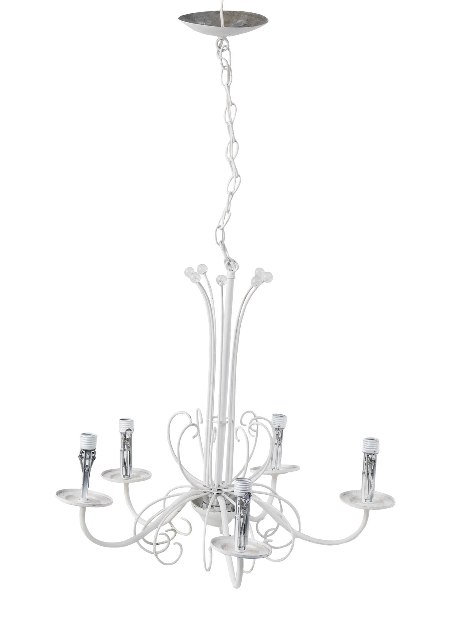CLASSIC STYLE CEILING HANGING WHITE CHANDELIER: A Classic style ceiling hanging chandelier for five lightbulbs and shades. The chandelier is made of metal and colored white. The chandelier is adorned with a scrollwork design. A hanging part is made