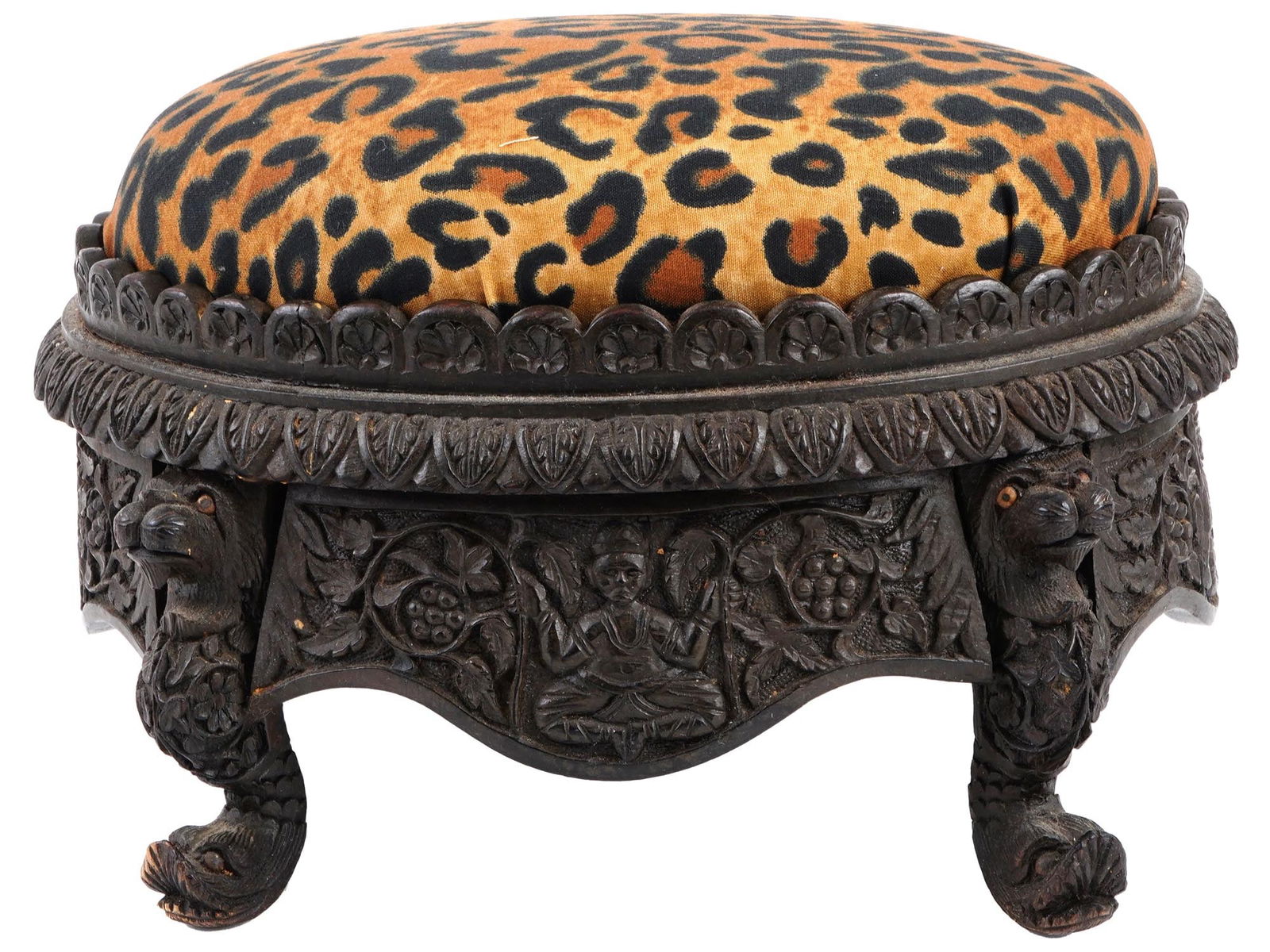 ANTIQUE BRITISH COLONIAL LEOPARD SKIN TOP FOOTSTOOL (1 of 9)