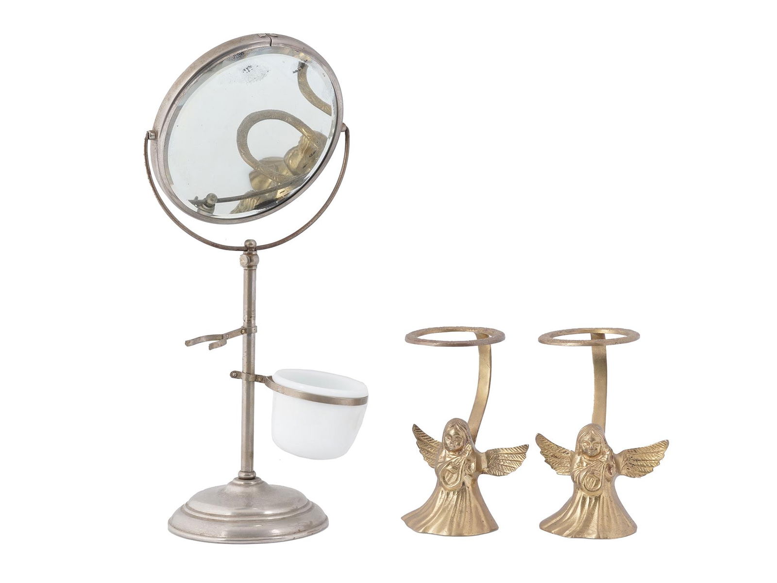 BRASS CANDLE HOLDERS AND APOLLO SHAVING MIRROR (1 of 6)