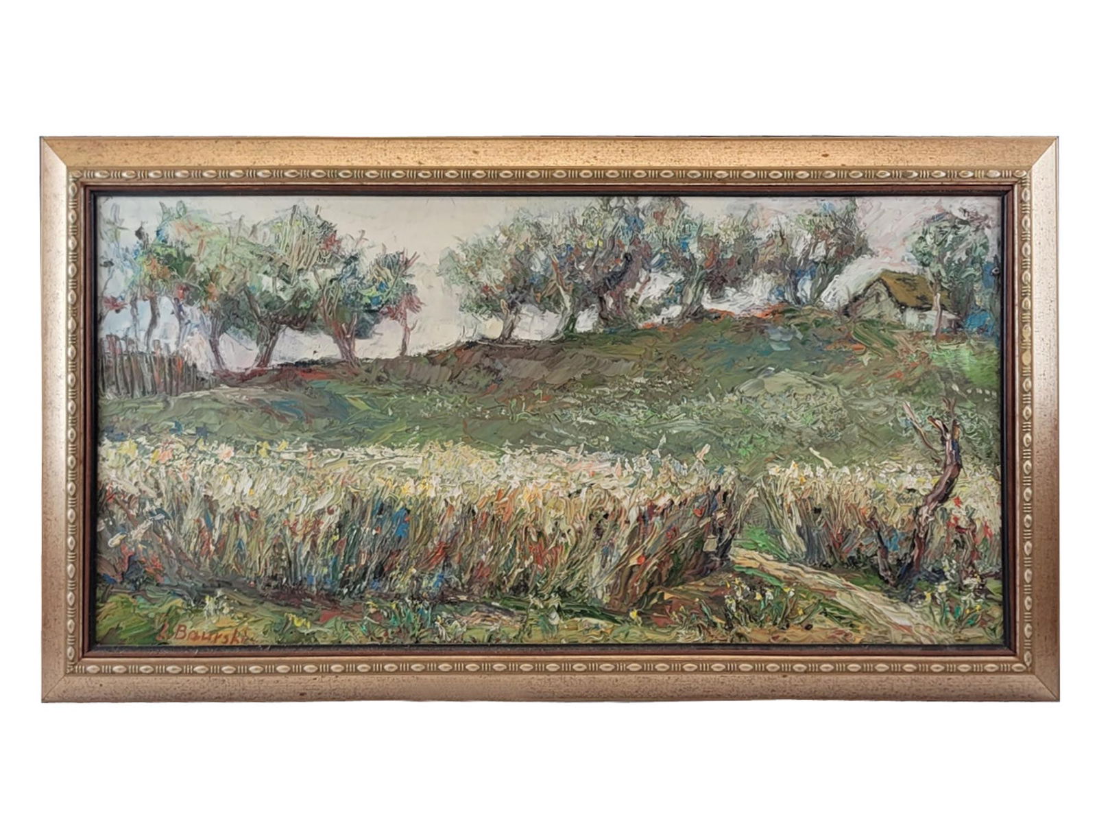 MID CENT JERZY BAURSKI POLISH LANDSCAPE PAINTING: Jerzy Baurski, Polish, 1905 to 1982, an oil on canvas painting depicting a rural landscape. Signed lower left. Also signed verso. Housed in a gilt wood frame decorated with carved patterns. One of a k
