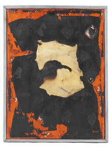 ABSTRACT ITALIAN MIXED MEDIA ARTWORK BY ALBERTO BURRI: Alberto Burri, Italian, American, 1915 to 1995, mixed media ARTWORK, oil painting on canvas with sandpaper and scorching. Circa: 1957. Signed lower right. Presented in an artist made silver painted