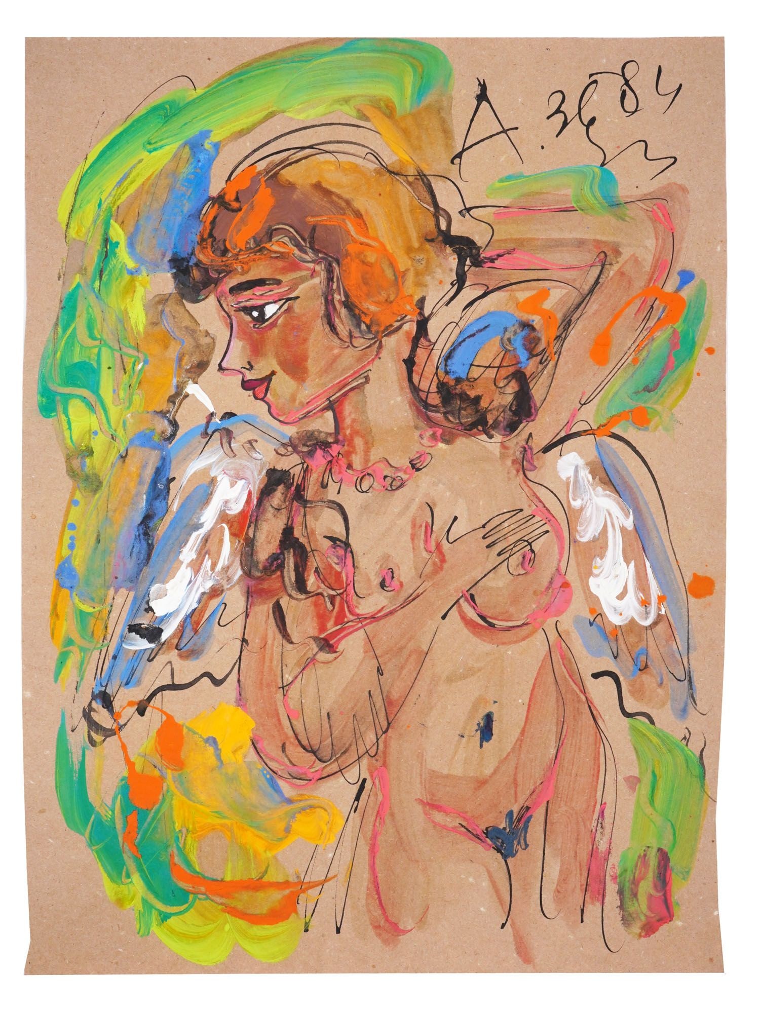 RUSSIAN MIXED MEDIA PAINTING BY ANATOLY ZVEREV: Anatoly Timofeivich Zverev, Russian, Soviet era, 1931 to 1986, mixed media painting on paper depicting a portrait of a woman, probably from the series, Faces of Women, 1984. Signed with initials and d