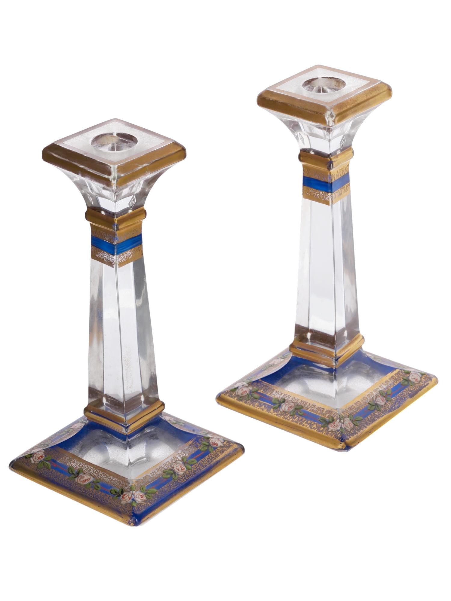 ANTIQUE FLORAL HAND PAINTED CLEAR GLASS CANDLESTICKS (1 of 7)