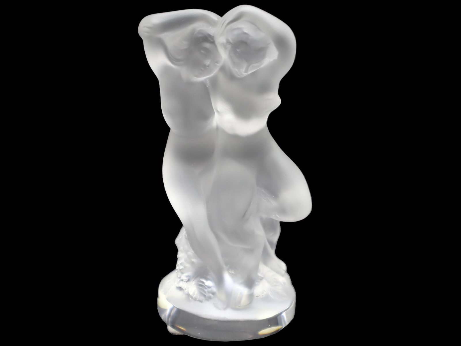LALIQUE LA FAUNE LOVERS CRYSTAL FIGURINE C 1960: Beautiful Lalique frosted crystal sculpture depicting nude figures Pan and Diana in a loving embrace. Acid etched mark to the bottom: Lalique France. Rene Lalique, 1860 to 1945, was a French designer,