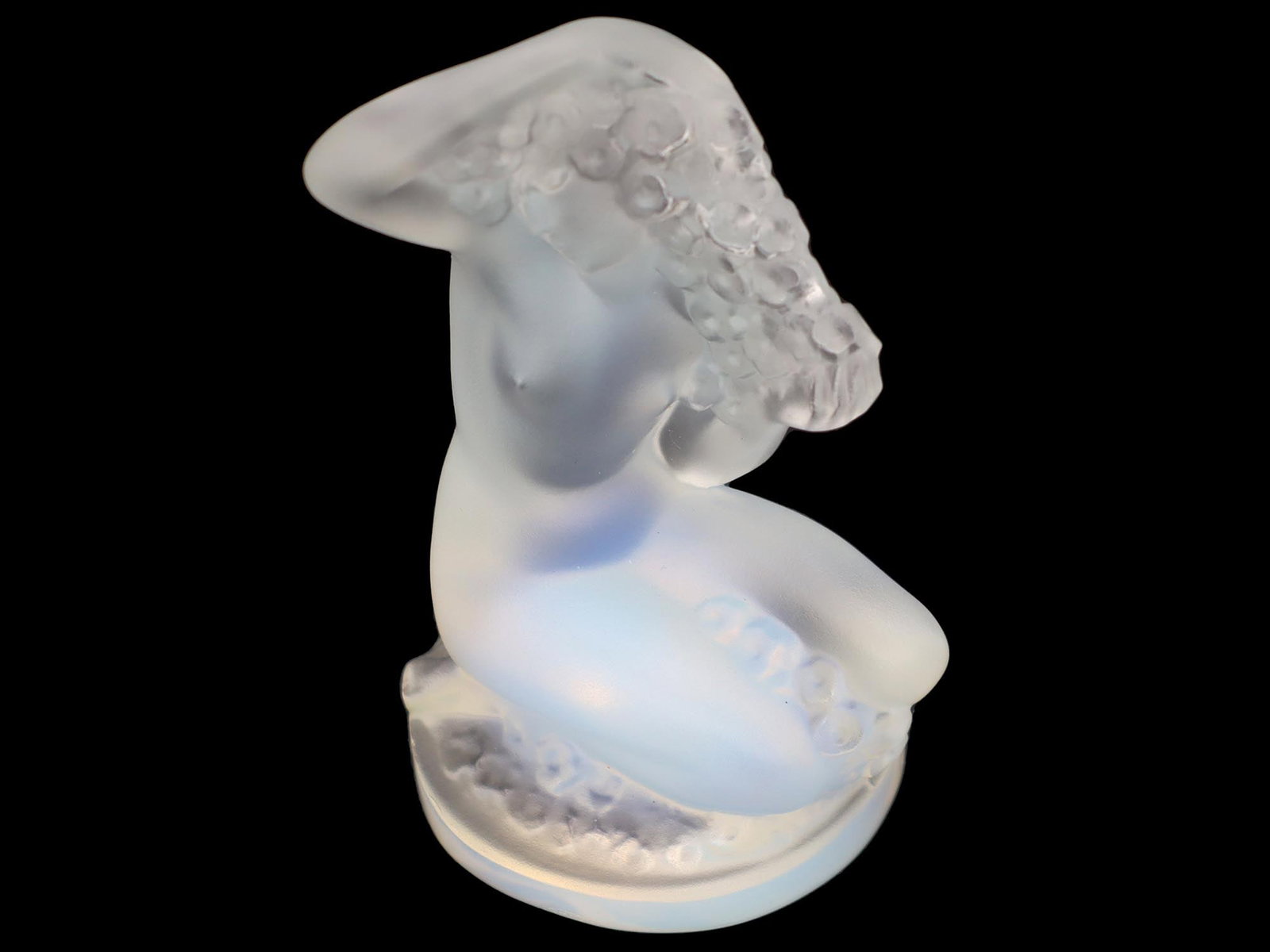 LALIQUE FLOREAL ART NOUVEAU NUDE FEMALE FIGURE C 1960: An elegant frosted and opalescent glass figure of a naked kneeling Art Nouveau beauty with fine hand finished detail and good sky blue color, signed to the base: Lalique France. Note: Floreal was orig