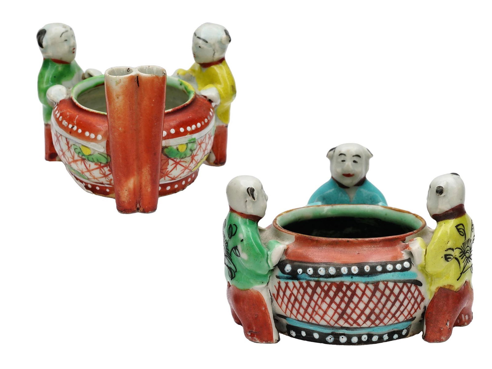 ANTIQUE CHINESE FIGURAL PORCELAIN RICE BOWLS SET: A pair of antique Chinese, late Qing dynasty, hand painted porcelain rice bowls. Each bowl is adorned with hand painted floral, reticulate, and geometrical motifs. Each ware is decorated with hand ena