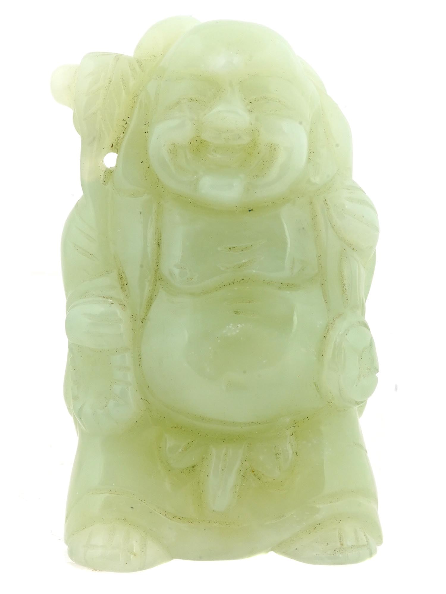 CHINESE HAND CARVED JADE STONE BUDDHA HOTEI FIGURINE: A vintage Chinese hand carved nephrite Jade stone figurine. The figurine is made in the shape of laughing Buddha or Hotei, engraved with detailed patterns. Circa: the first half of the 20th century. T