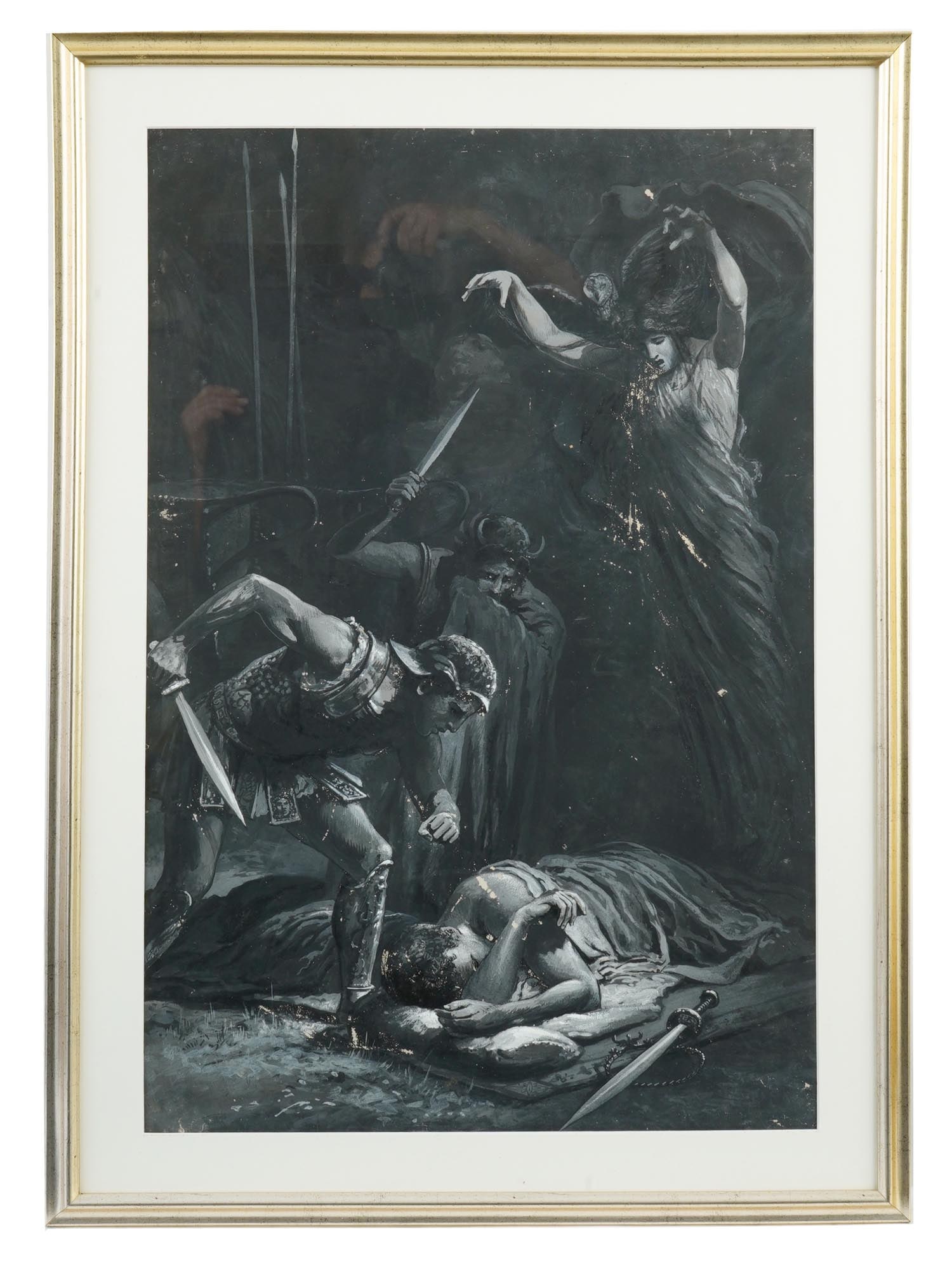 LANCELOT SPEED BRITISH ILLUSTRATION GOUACHE PAINTING: Lancelot Speed, British, 1860 to 1931, mixed media, ink and gouache and wash, painting depicting a mythological Greek scene with soldiers. Framed. Lancelot Speed was a coastal painter and a British il