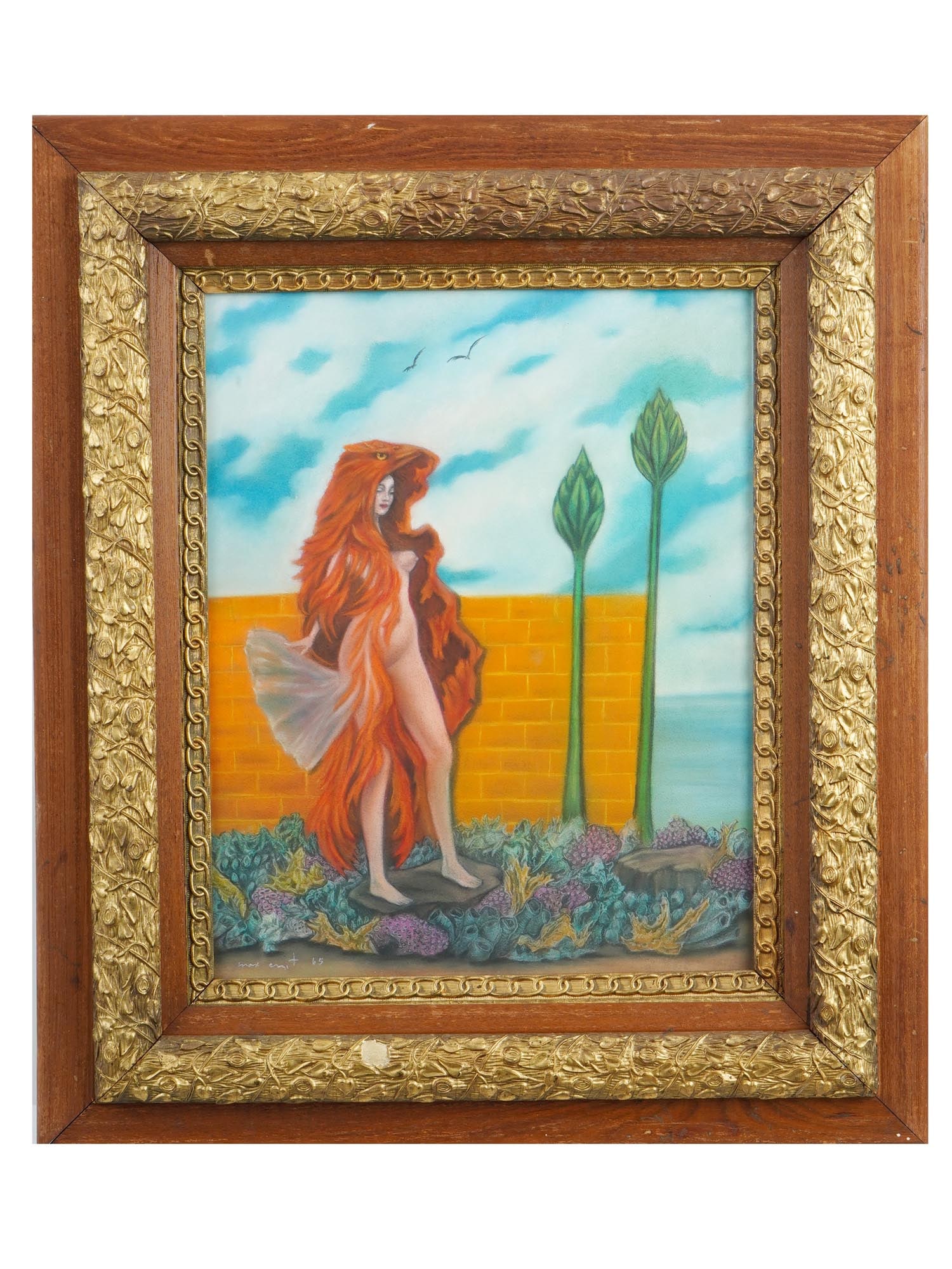 GERMAN PASTEL PAINTING BY MAX ERNST PROVENANCE LETTER: Max Ernst, German, 1891 to 1976, pastel painting on paper depicting a female nude figure in a Surreal landscape, 1965. Signed and dated, lower left. Framed. Provenance: from the collection of Lt. Col.
