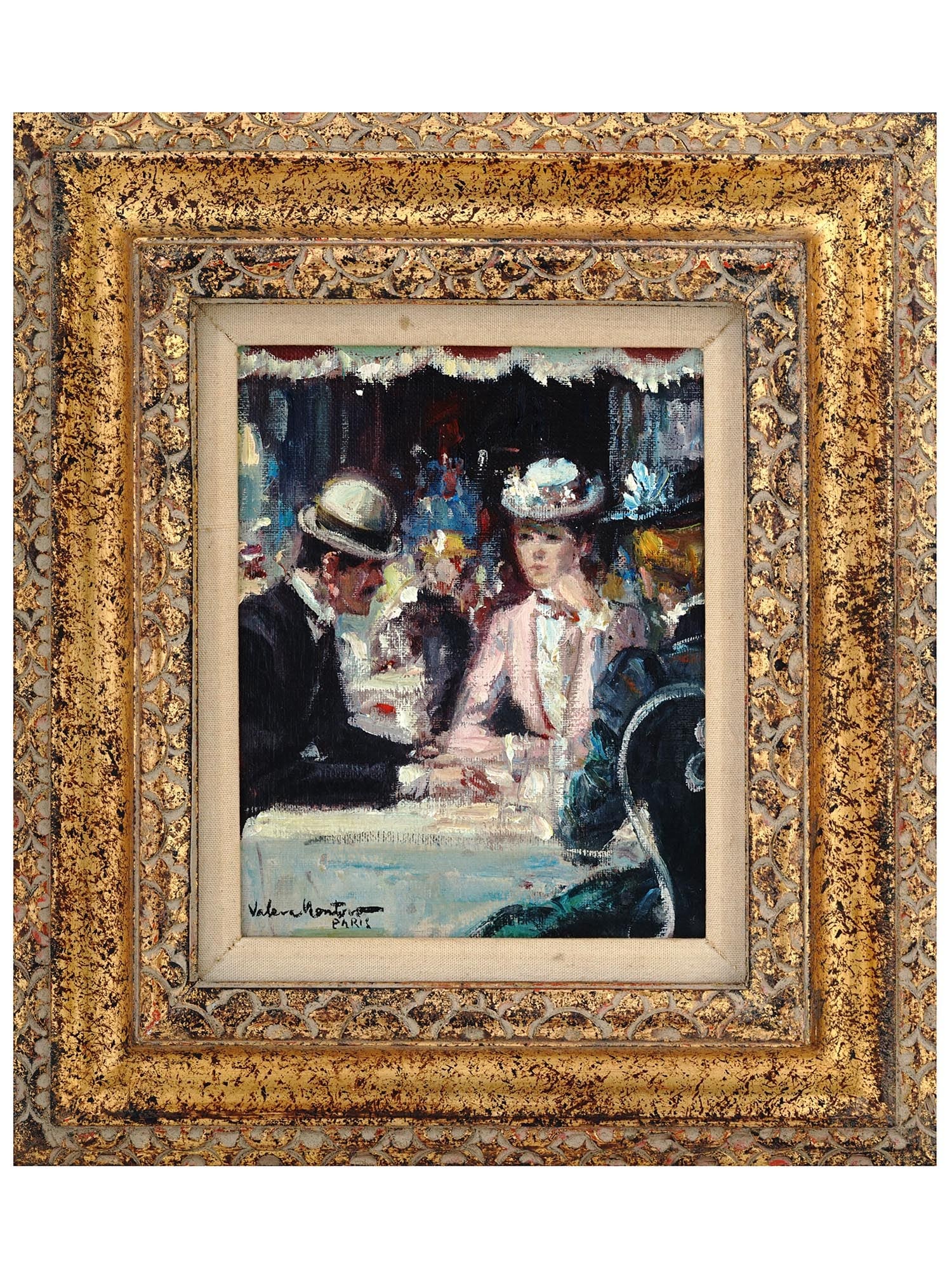 IMPRESSIONIST OIL PAINTING BY JUAN VALERA MONTERO: Oil on canvas painting by Juan Valera Monero, born 1923, a Spanish artist. The artwork depicts a couple outside of a cafe. Impressionist pictorial manner. Signed by the artist and marked Paris in the 