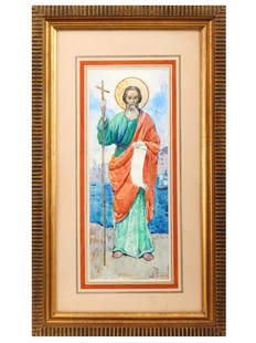 RUSSIAN ICON WATERCOLOR PAINTING BY MIKHAIL NESTEROV: Mikhail Vasilievich Nesterov, Russian, 1862 to 1942, watercolor painting on paper depicting an icon of St. Andrew the First Called. Signed lower right. Framed. Mikhail Vasilyevich Nesterov is a Russia