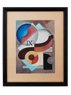 RUSSIAN GOUACHE PAINTING AFTER ALEXANDER RODCHENKO: A gouache painting on paper, Time, depicting an abstract composition, after Alexander Mikhailovich Rodchenko, Russian, Soviet era, 1891 to 1956. Inscribed, Rodchenko and dated 1969, upper right.