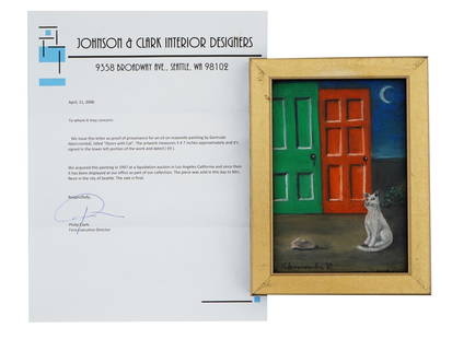 GERTRUDE ABERCROMBIE OIL ON BOARD PAINTING 1969: Gertrude Abercrombie, oil on masonite board painting Doors with Cat, 1969, painted in the style of Magical Realism. Signed by the artist and dated lower left. Housed in gilt wood frame. Comes with a J