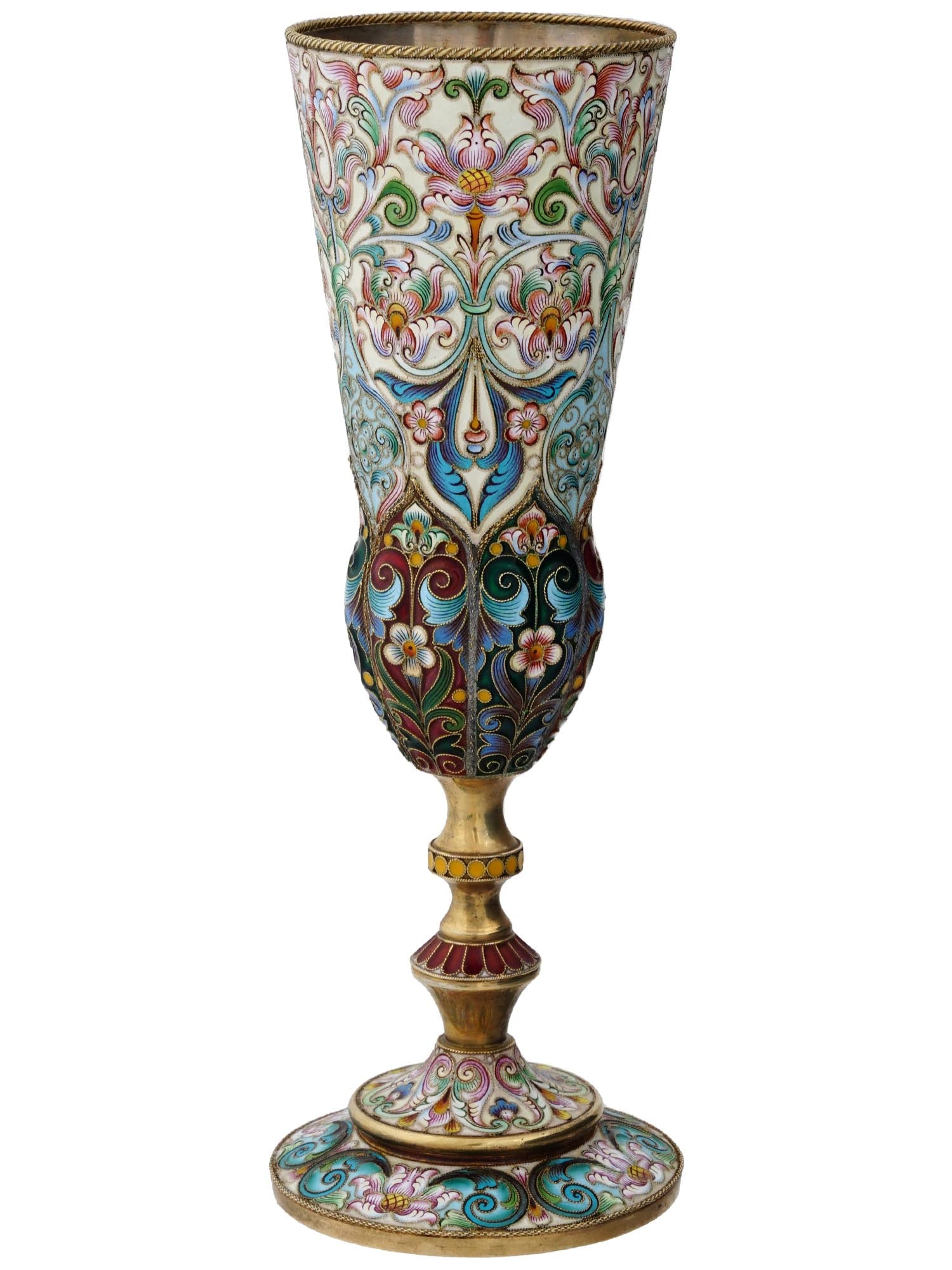 LARGE RUSSIAN SILVER SHADED CLOISONNE ENAMEL GOBLET: A large Russian silver wine glass or goblet. The elongated cup and base are richly decorated with shaded floral cloisonne enamel ornaments. Hallmark of 88 silver standard and makers mark are on the bo